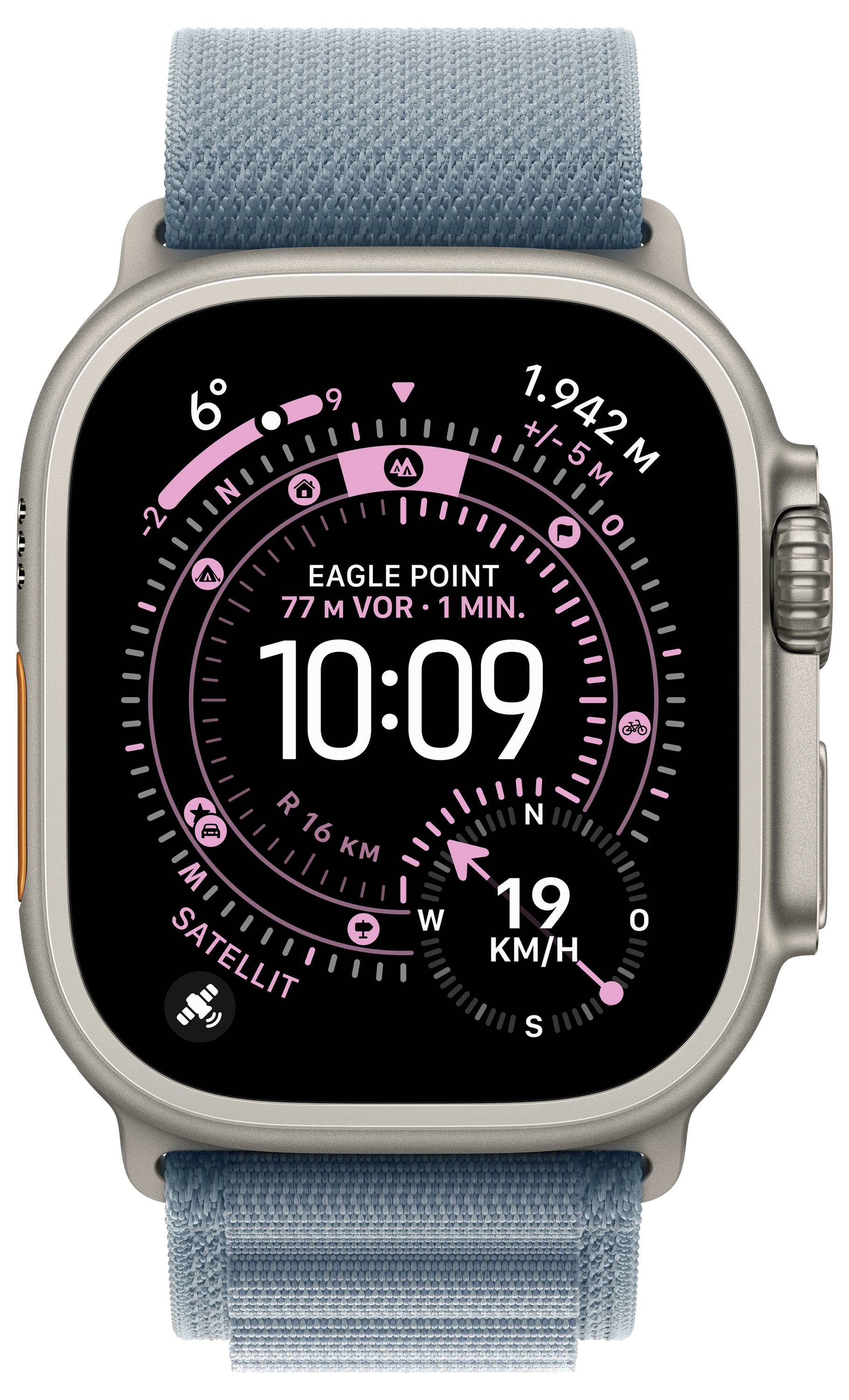 Ein digitales Smartwatch-Display zeigt Zeit '10:09', GPS-Koordinaten, Höhe 1.942 m, Geschwindigkeit 19 km/h und Standort 'Eagle Point 77 m Vor'.