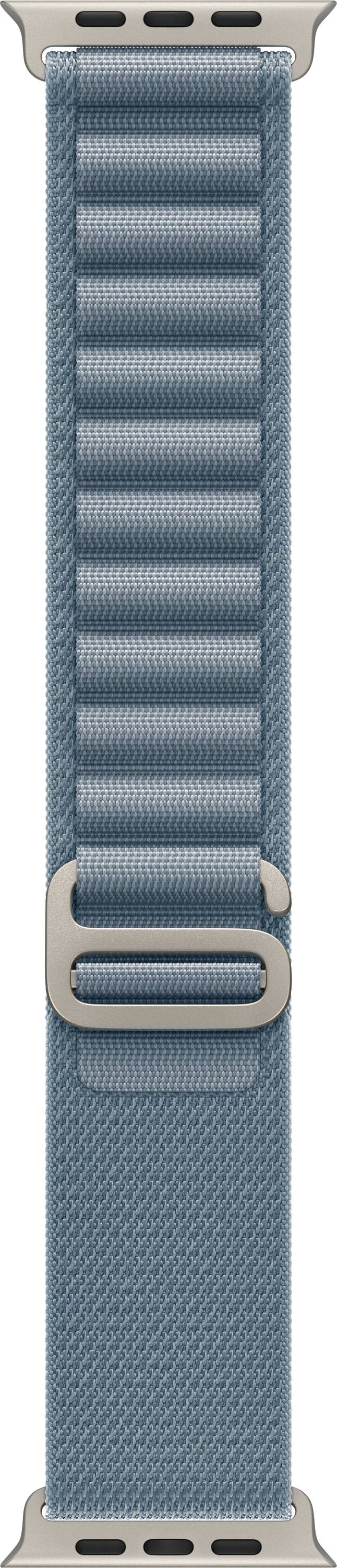 Eine hellblaue gewebte Uhrenarmband mit einer silbernen Schnalle, entwickelt zur Befestigung an einer Smartwatch.