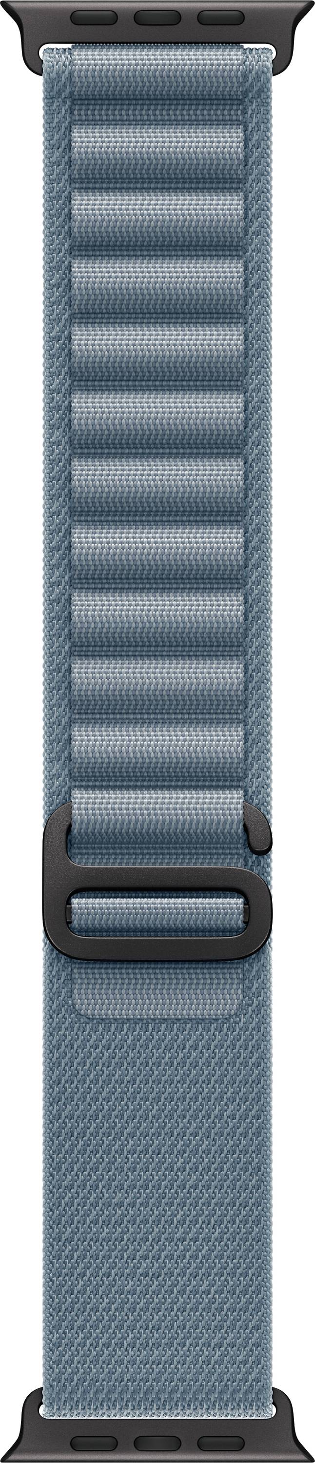 Ein blauer, verstellbarer Uhrenarmband mit einer schwarzen Schnalle, der ein gepolstertes Design aufweist.