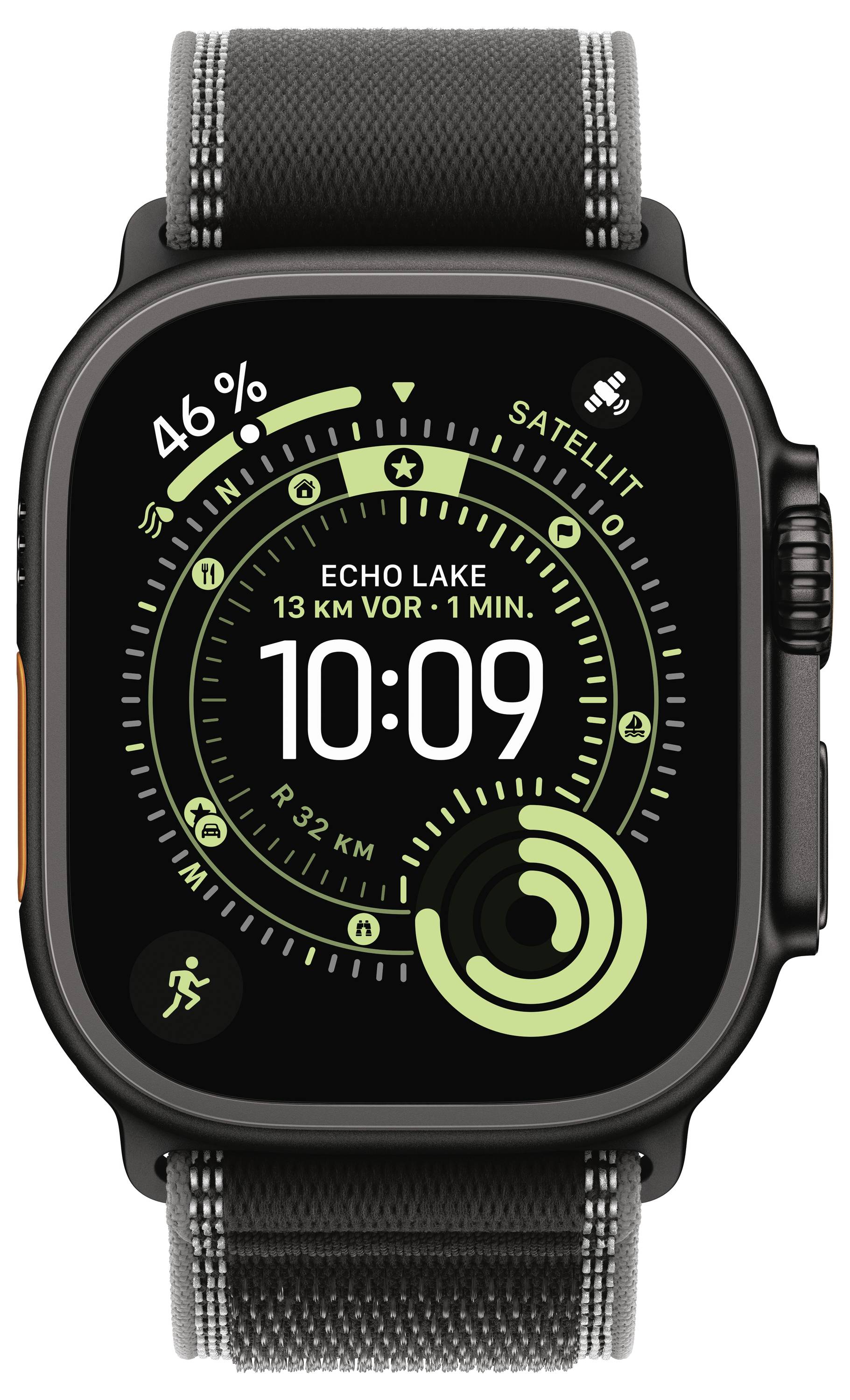 Smartwatch-Display zeigt Fitness-Tracking, 'Echo Lake 13 km entfernt - 1 Min', aktuelle Uhrzeit 10:09, Akku bei 46%, GPS aktiv.