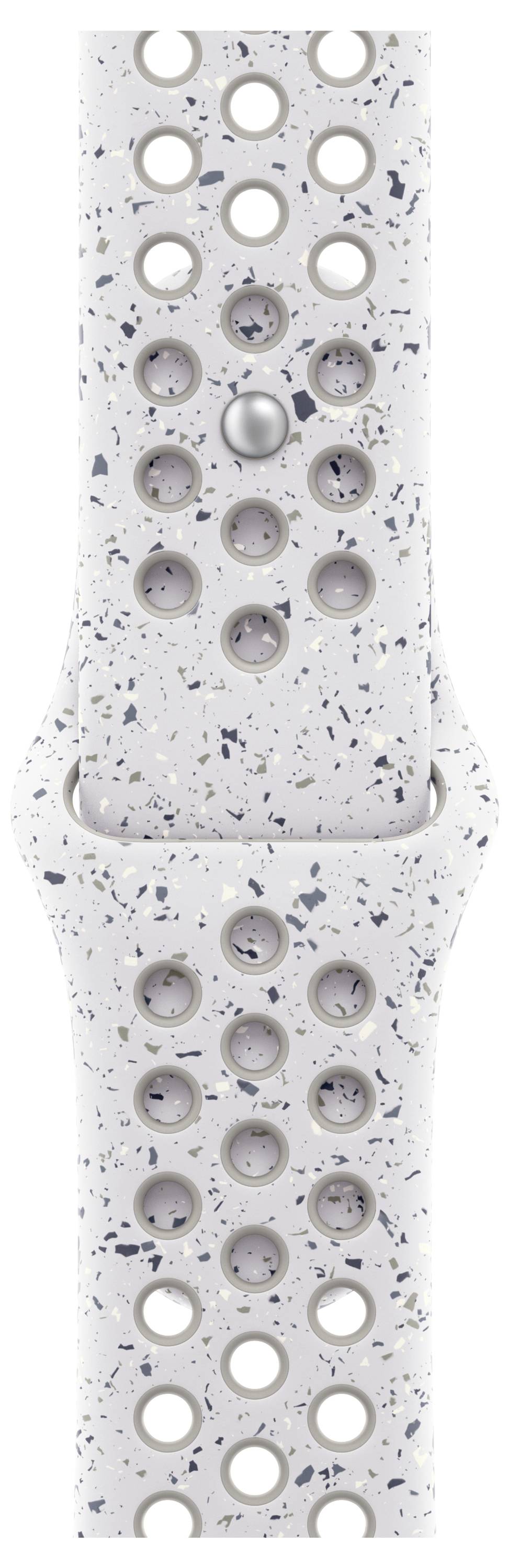 Weißes Smartwatch-Armband mit grau und schwarz gesprenkelte Muster und kreisförmigen Perforationen zur Belüftung.