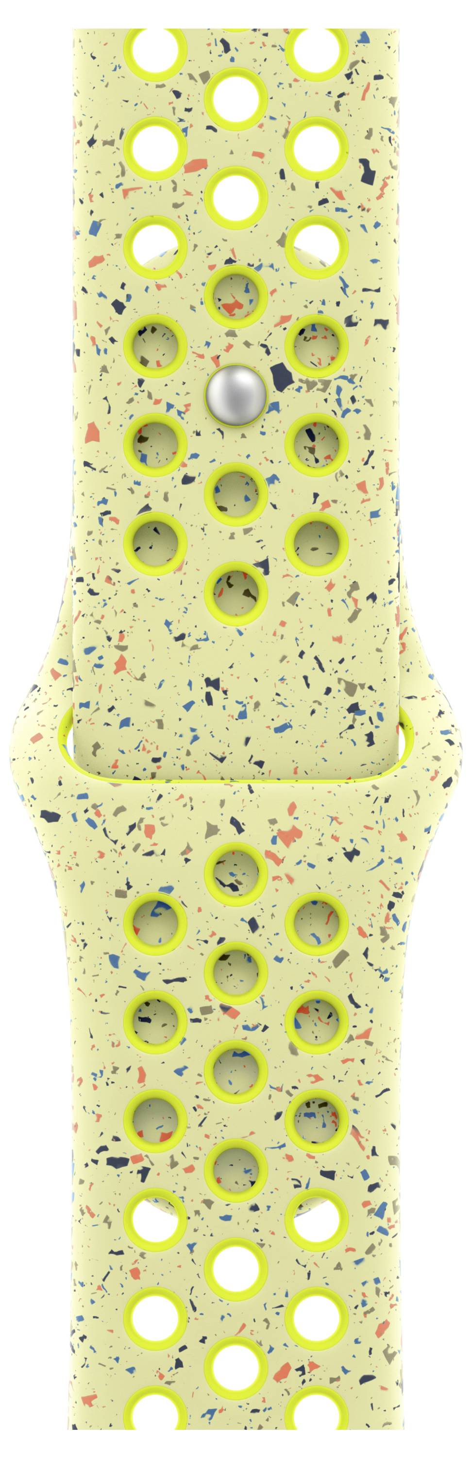 Buntes, geflecktes Uhrenarmband mit gelben Kanten und gelochter Oberfläche für Atmungsaktivität, entwickelt für Komfort und Stil.