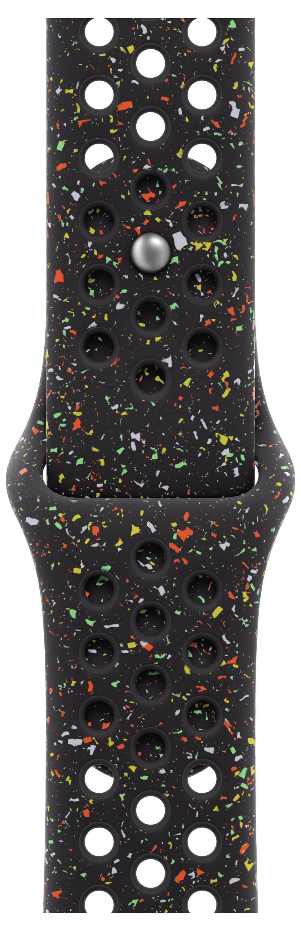 Ein schwarzes Uhrenarmband mit buntem Spritzdesign und kreisförmigen Perforationen für Atmungsaktivität.