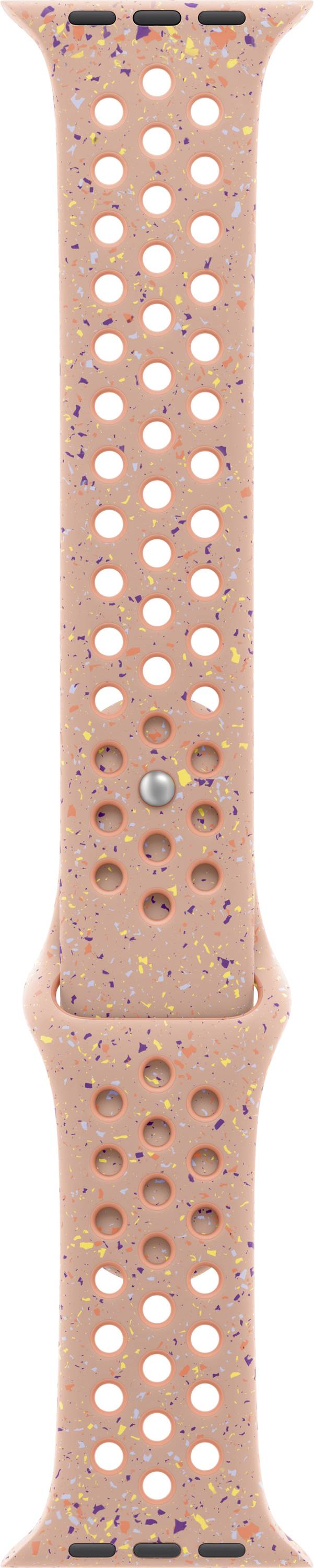 Orange und lila gesprenkelte Uhrenarmband mit perforierten Löchern zur Belüftung und verstellbarer Passform.
