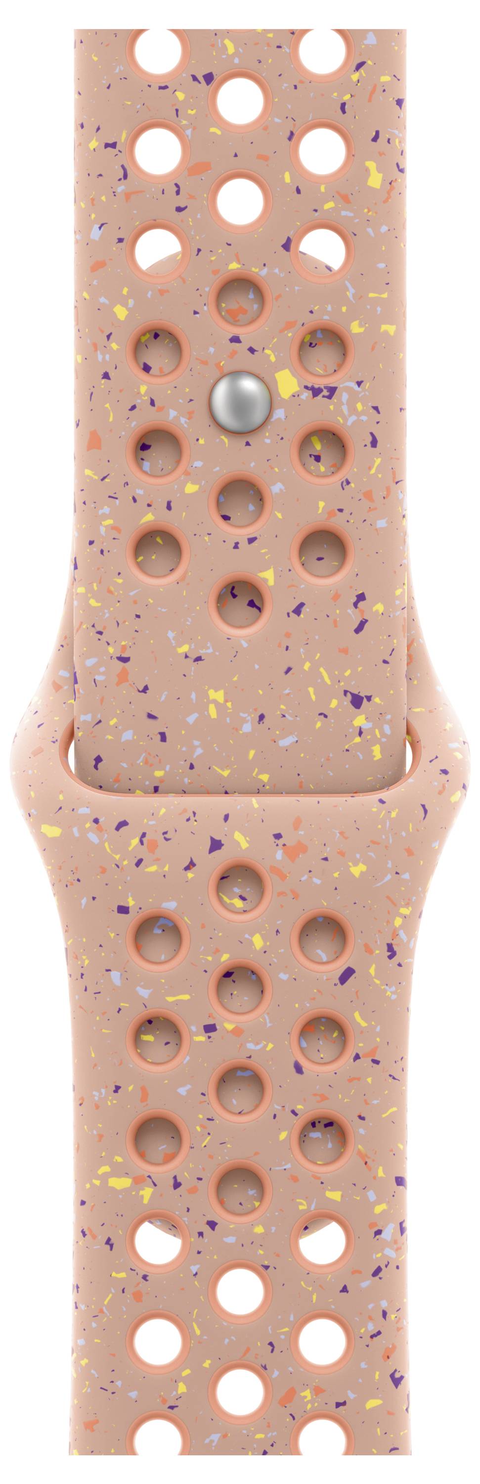 Eine pfirsichfarbene Uhrenarmband mit einem Muster aus lila und gelben Sprenkeln, versehen mit mehreren Perforationen für Atmungsaktivität und einer metallischen Dornschließe.