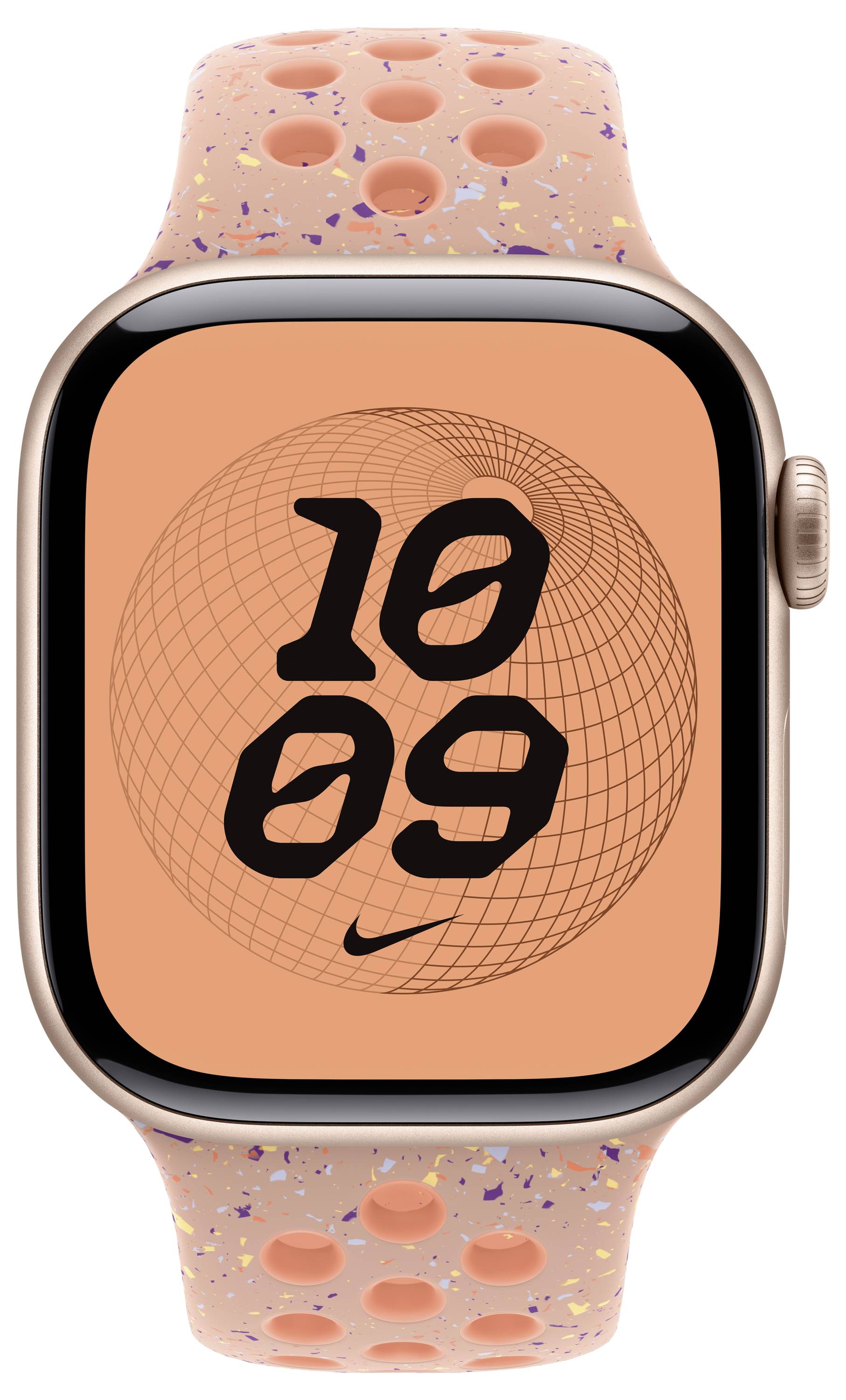Eine Smartwatch mit einem pfirsichgesprenkelte Armband zeigt die Uhrzeit '10:09' vor einem orangefarbenen Hintergrund mit geometrischem Muster.