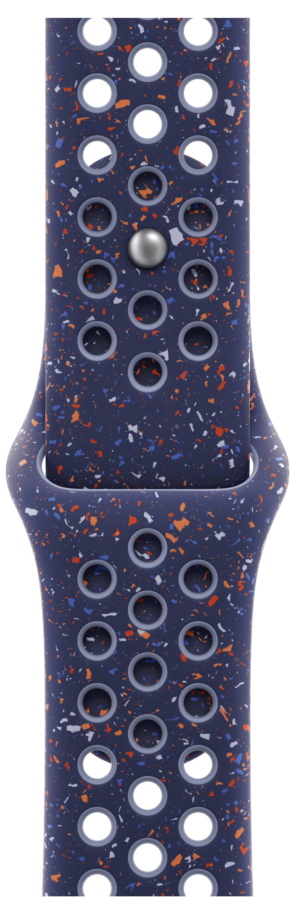 Ein dunkelblauer Uhrenarmband mit orangen und weißen Sprenkeln, ausgestattet mit einem atmungsaktiven Design mit mehreren Löchern und einer Metallschließe.