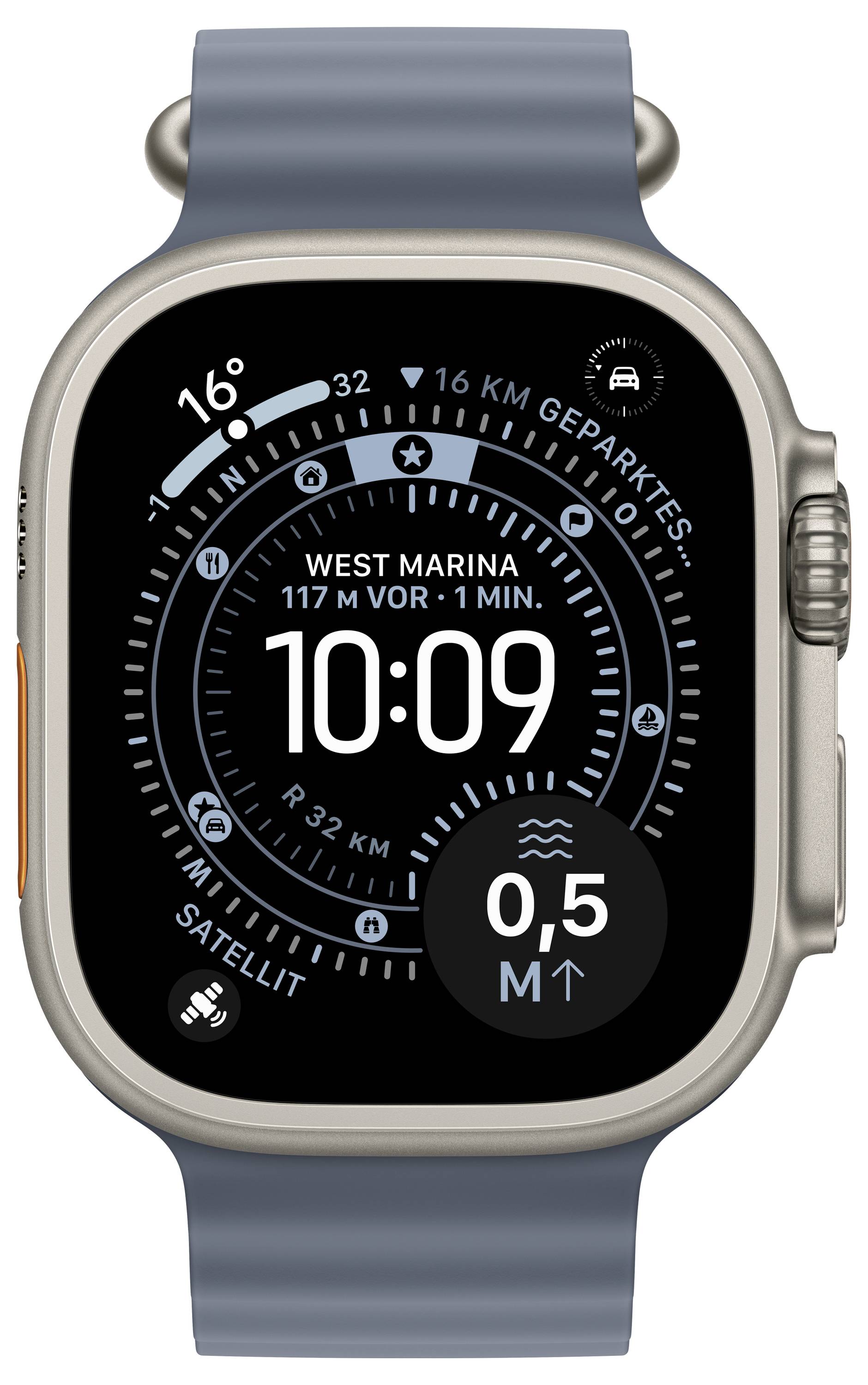 Smartwatch-Display zeigt Navigations-App: 'West Marina' mit geschätzter Ankunftszeit 1 Min, Entfernung 117 m, Richtung 16°, Geschwindigkeit 0,5 m/s und Kartendetails.