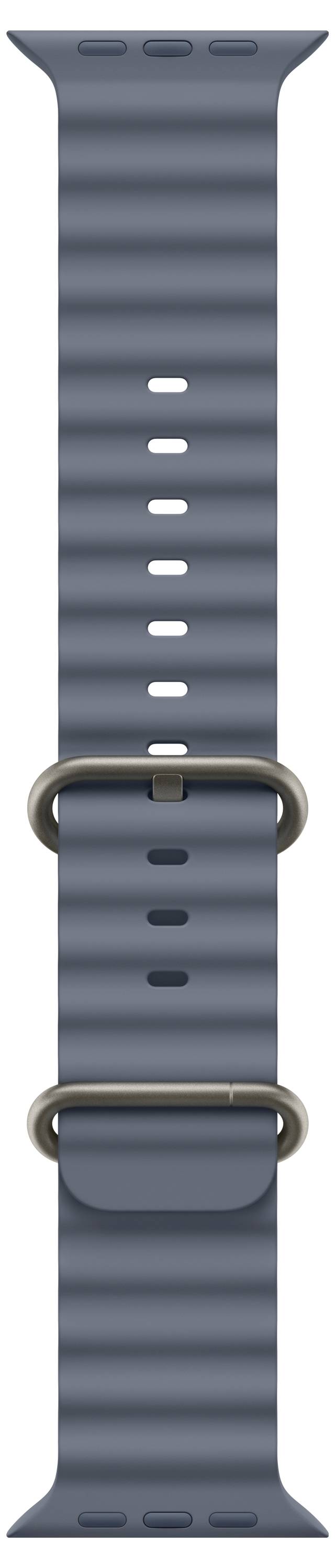 Ein blauer strukturierter Uhrenarmband mit verstellbaren Metallschnallen und mehreren Löchern zur Anpassung.