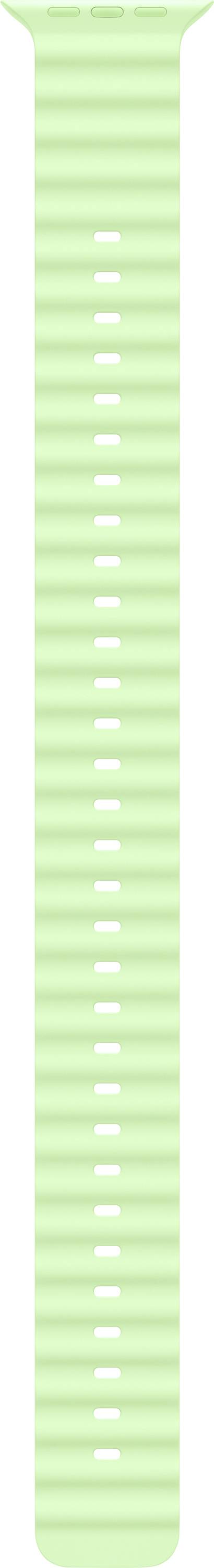 Ein dehnbares, pastellgrünes Uhrenarmband mit verschlungener Struktur und weißer Fadendetaillierung.