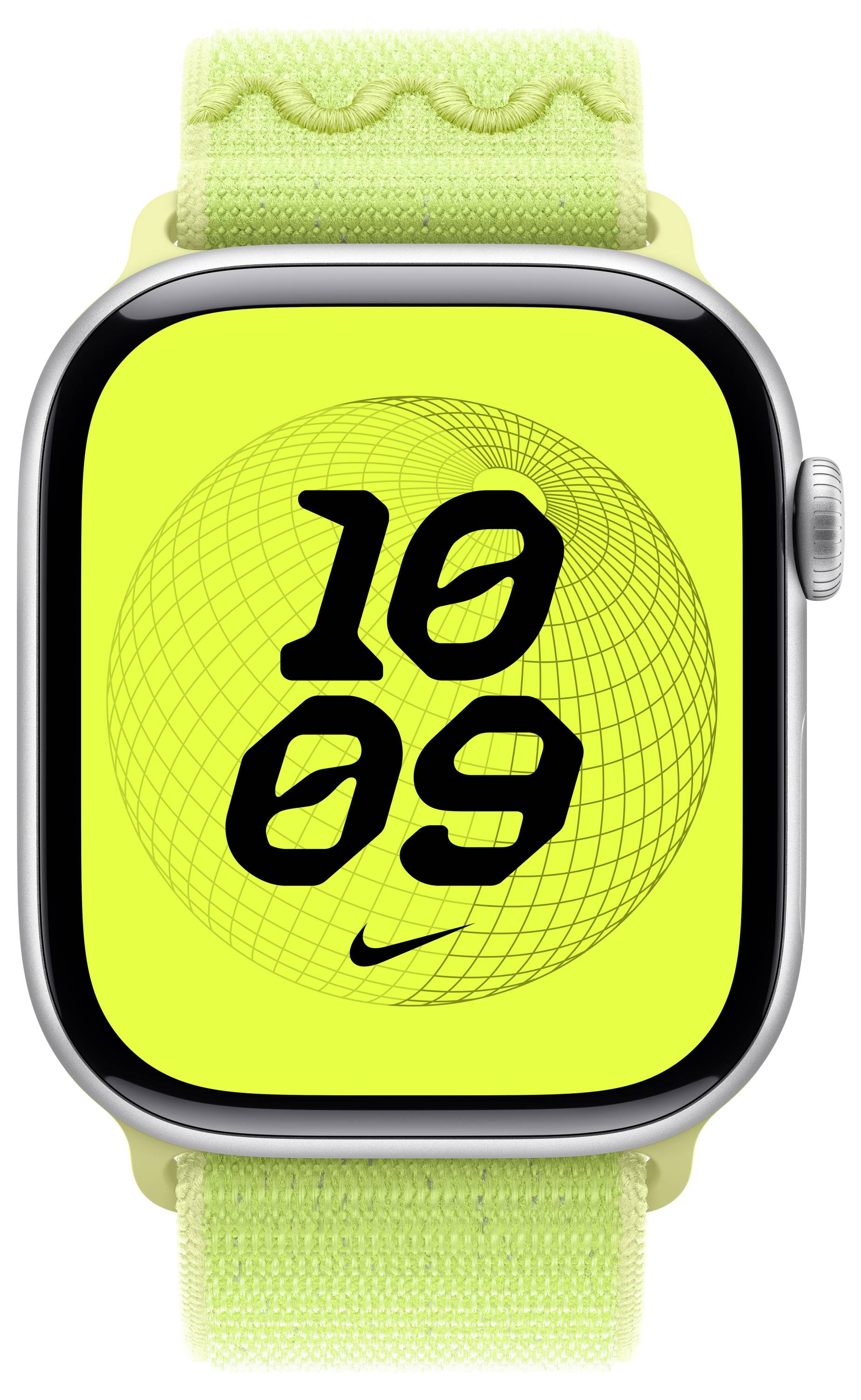 Eine Smartwatch mit einem Neongrün-Display, das die Uhrzeit '10:09' und ein Spiralmuster zeigt. Sie verfügt über ein grünes Textilarmband.