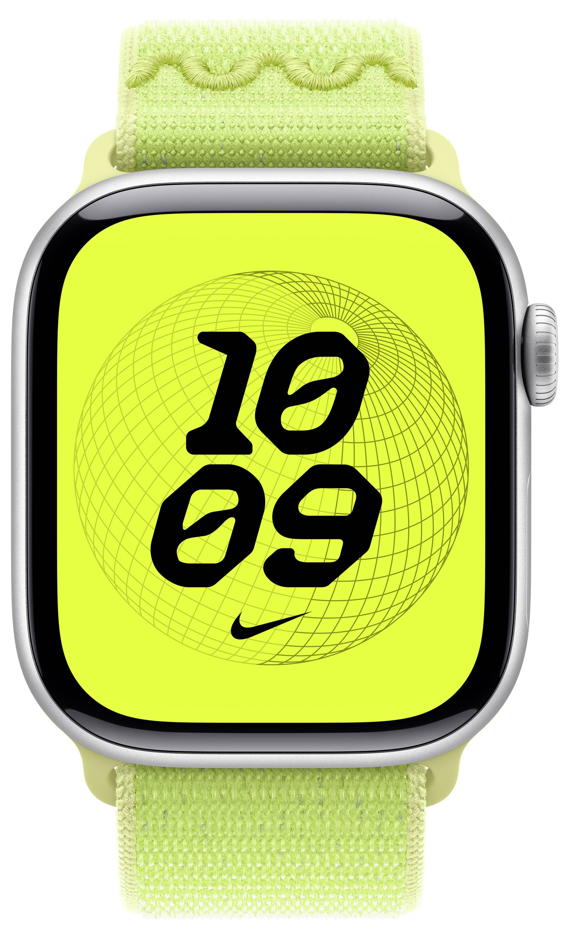 Smartwatch mit einem Neongelben Display, auf dem '10:09' zu sehen ist und ein geometrisches Muster, ausgestattet mit einem hellgrünen gewebten Armband.