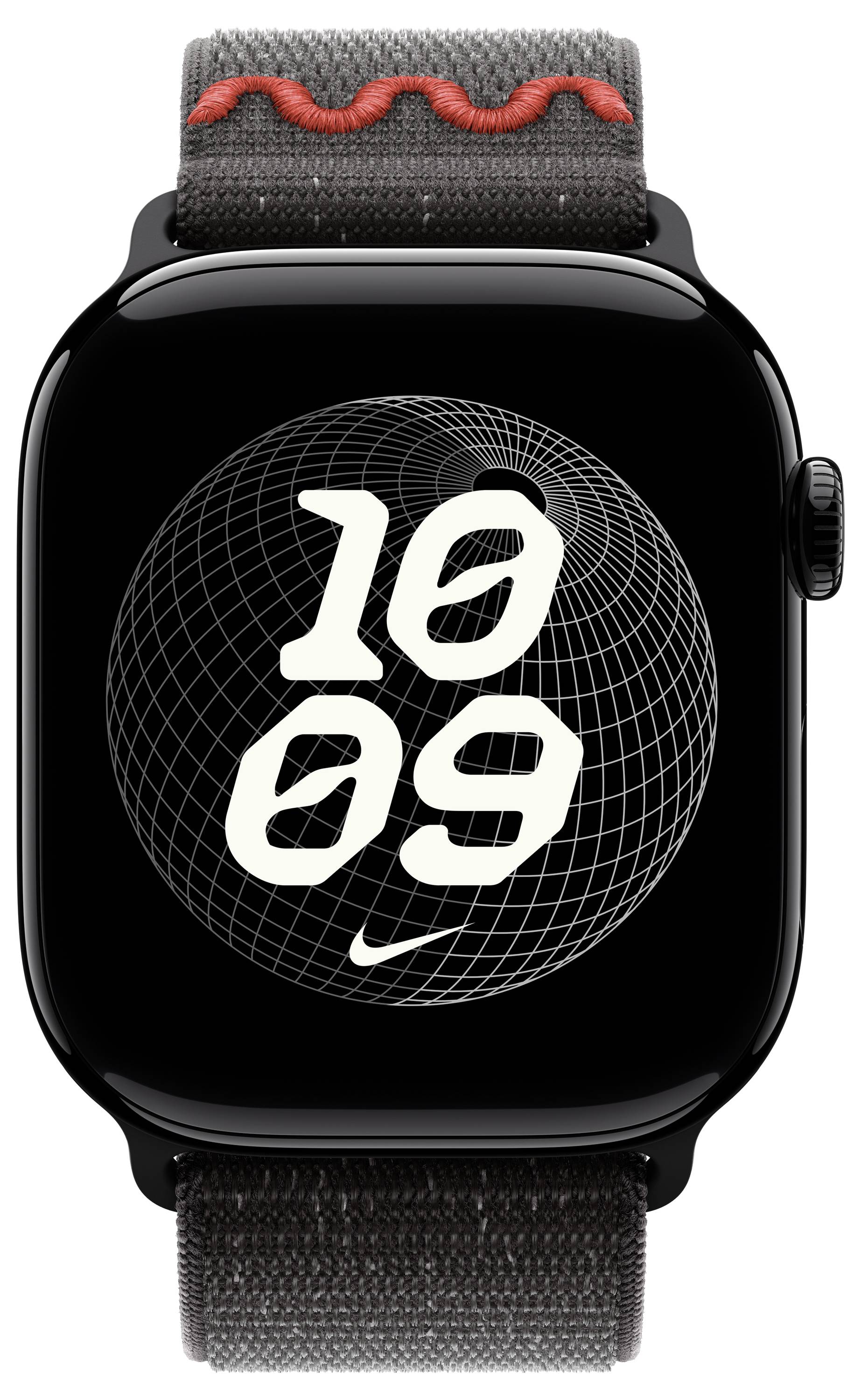 Eine Smartwatch mit einem schwarzen Bildschirm, auf dem '10:09' über einem sphärischen Drahtgitterdesign angezeigt wird. Sie hat ein dunkles Textilarmband mit roter Naht.
