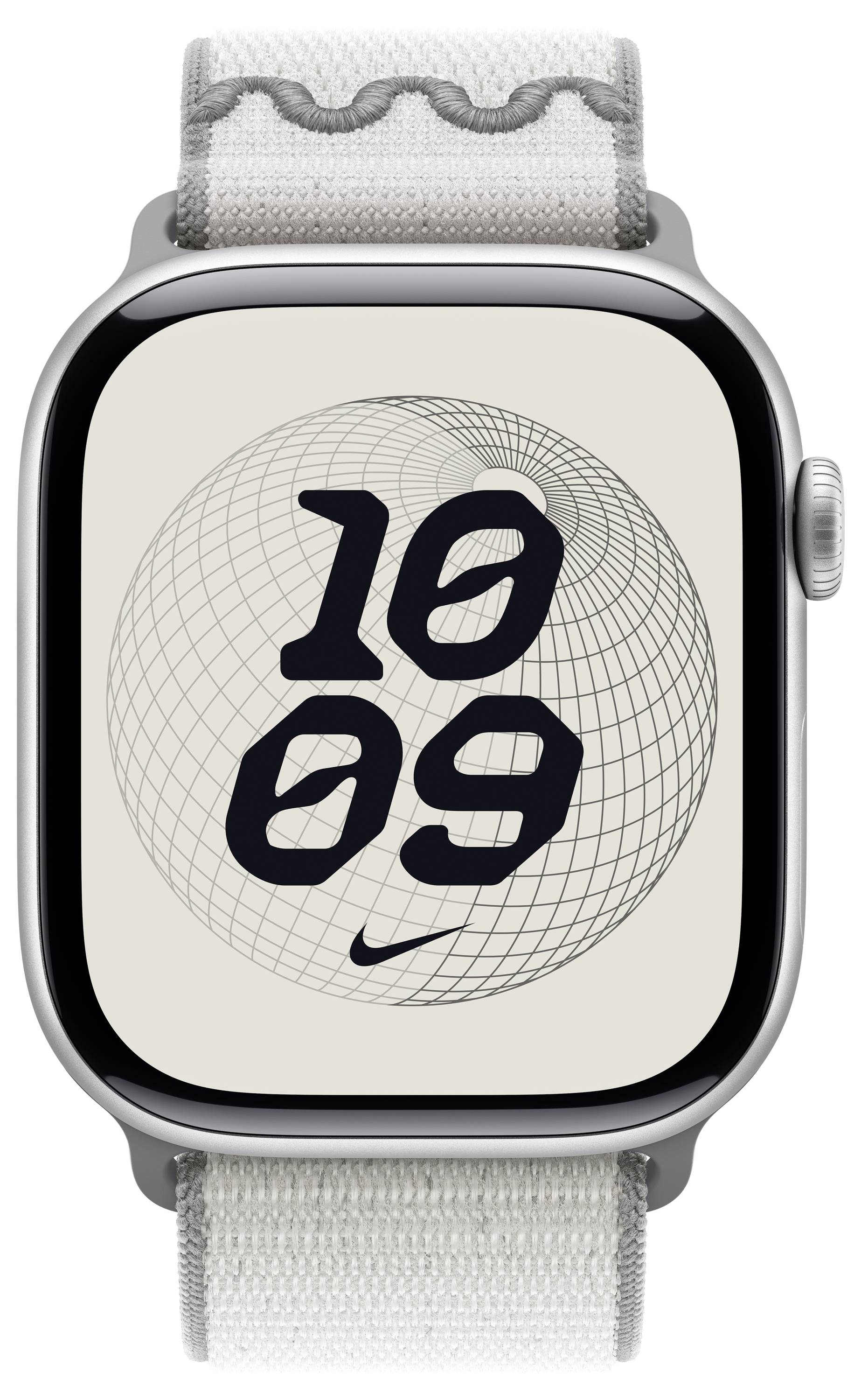 Digitale Smartwatch mit einem runden, abstrakt-geometrischen Design auf dem Zifferblatt, zeigt die Zeit '10:09' an und verfügt über ein graues Textilarmband.