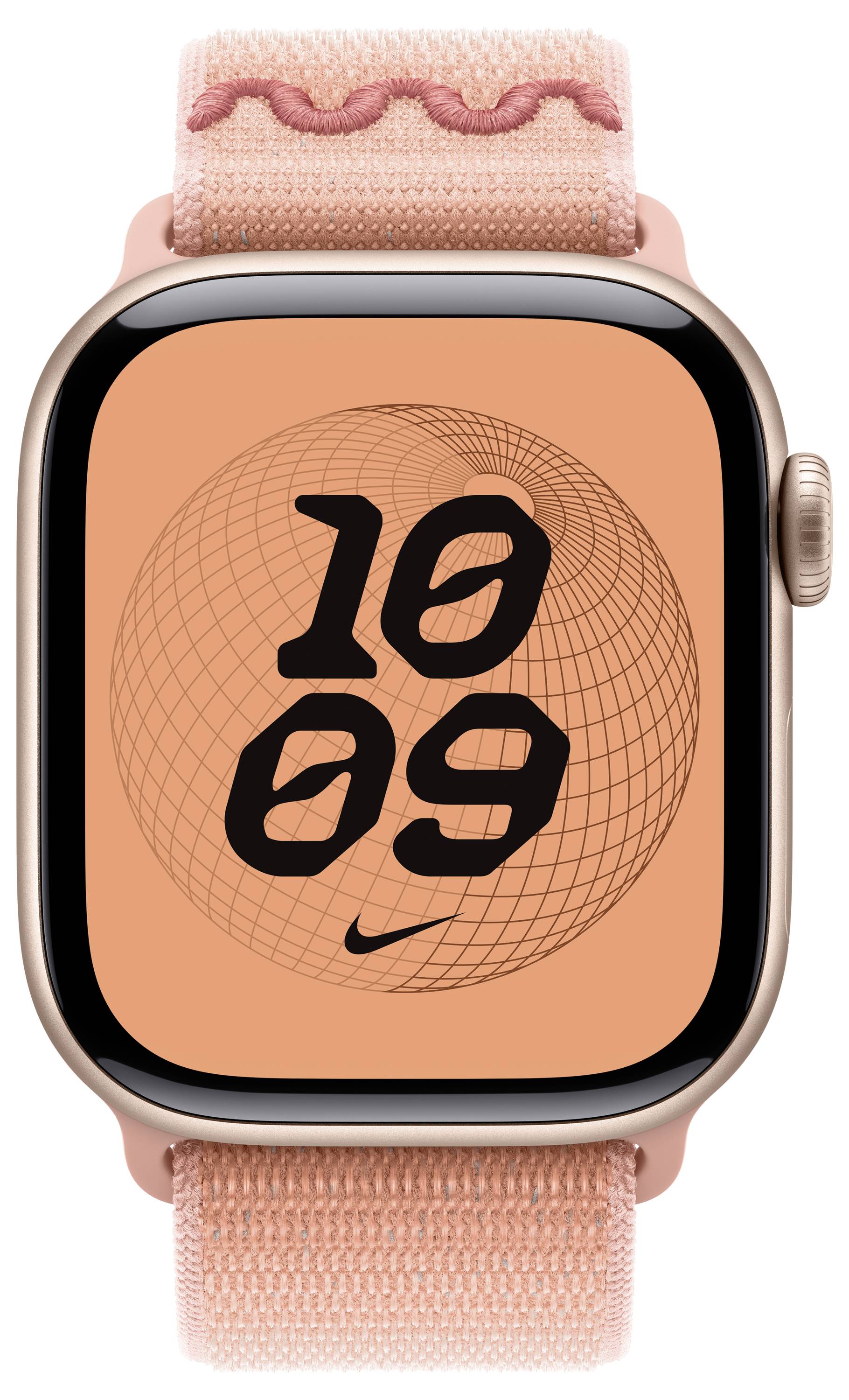 Eine Smartwatch, die die Uhrzeit '10:09' auf einem orangefarbenen geometrischen Hintergrund anzeigt, mit einem rosa gewebten Armband und einem Nike-Logo unten.