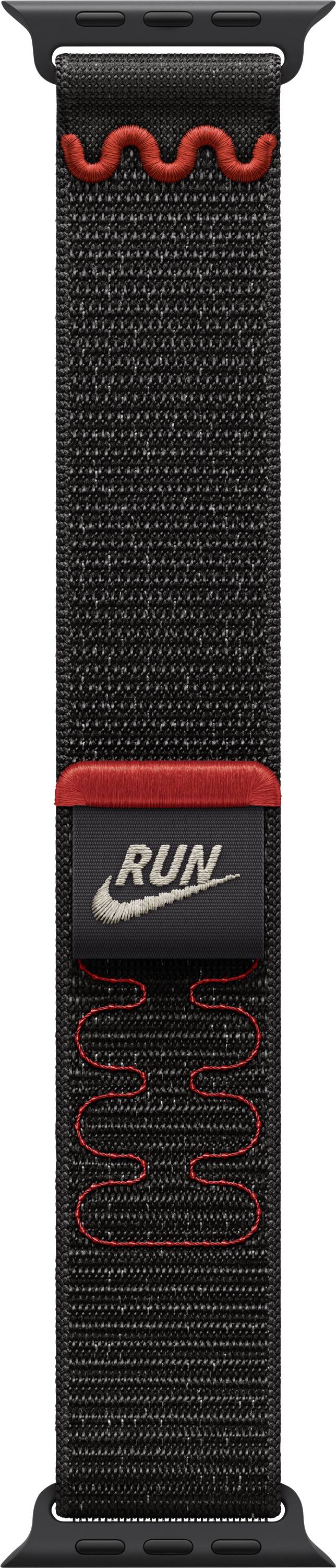Schwarzes und rotes Sportuhrenarmband mit der Aufschrift 'RUN' und Nike-Logo auf einer Textilschlaufe, mit welligem Muster und verstellbaren Schlaufen.