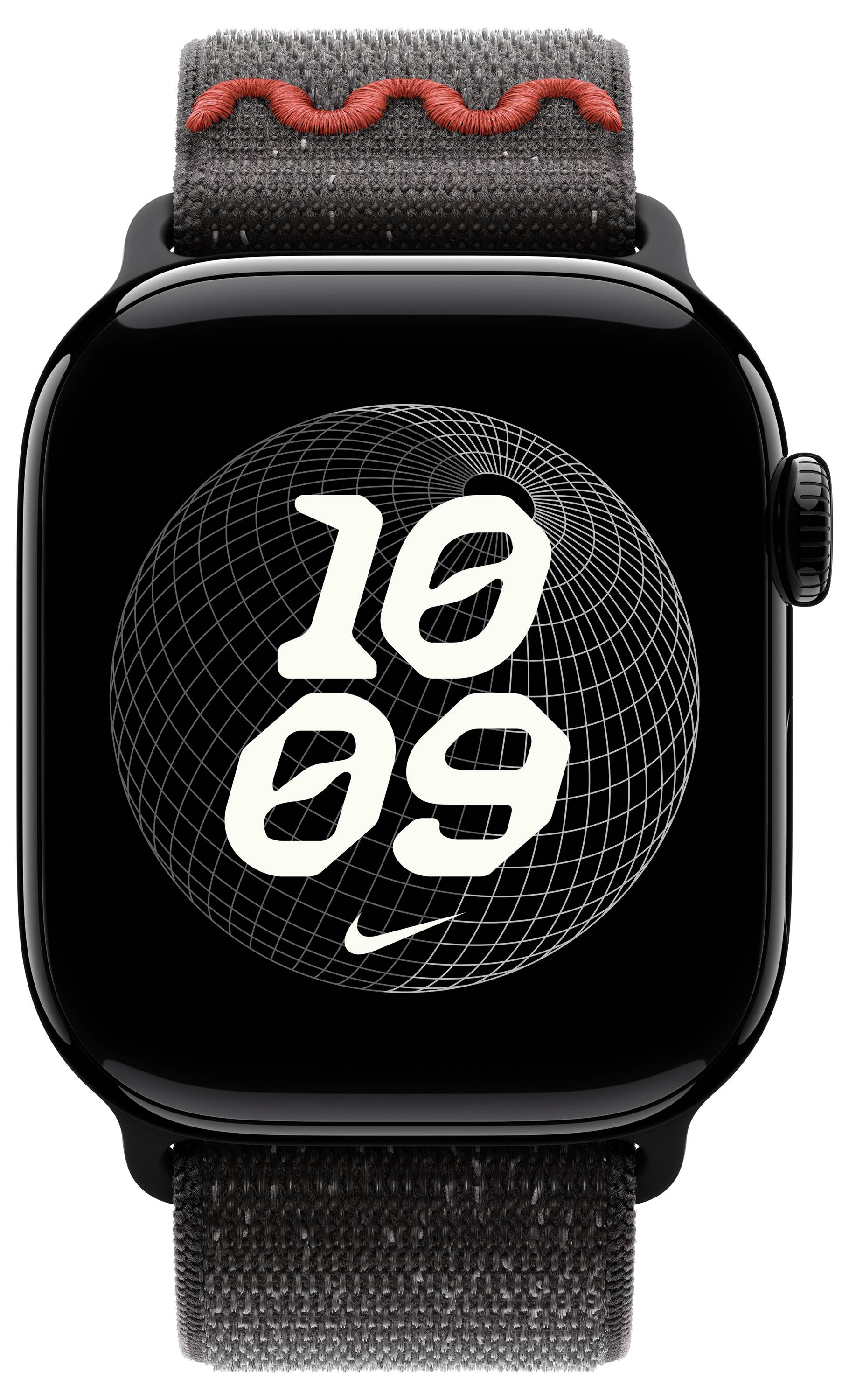 Eine Smartwatch mit einem schwarzen Zifferblatt zeigt '10:09' über einem weißen geometrischen Muster. Sie hat ein strukturiertes schwarzes Armband mit einer roten gewellten Linie.