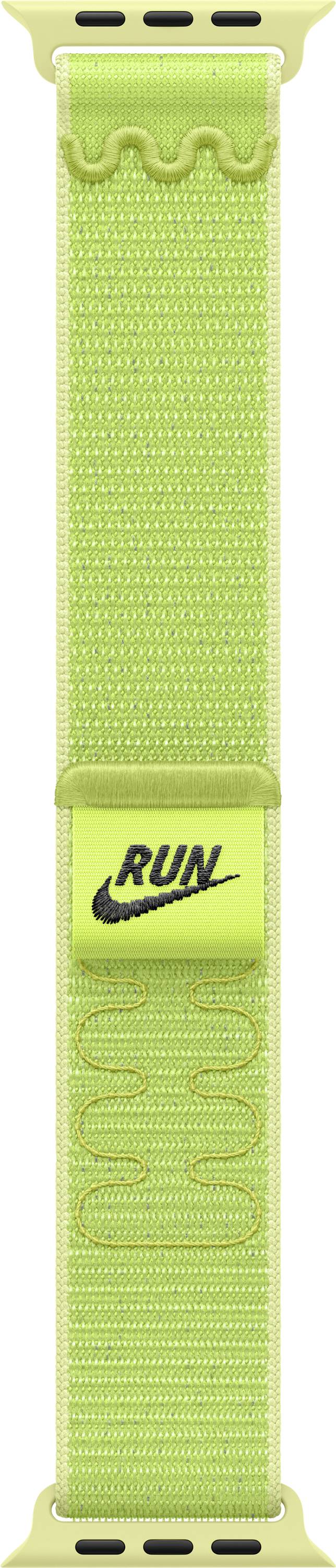 Ein hellgrünes Sportuhrenarmband mit dem Wort ‚RUN' und einem Logo in Schwarz.