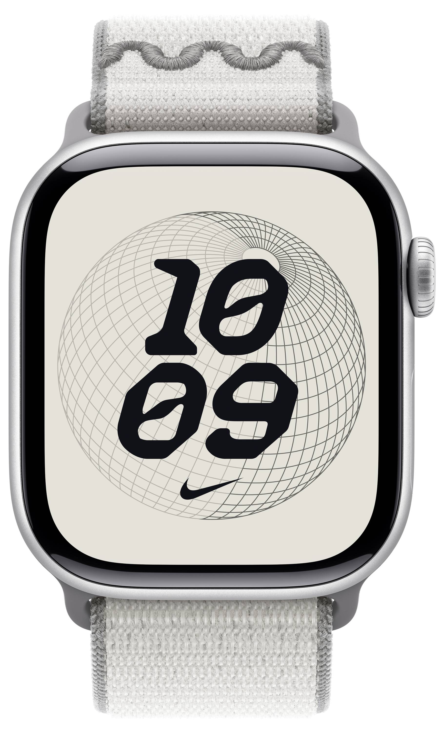 Eine Smartwatch, die die Uhrzeit '10:09' anzeigt, mit einem geometrischen Spiraldesign im Hintergrund des Bildschirms. Die Uhr verfügt über ein hellgefärbtes Textilarmband.
