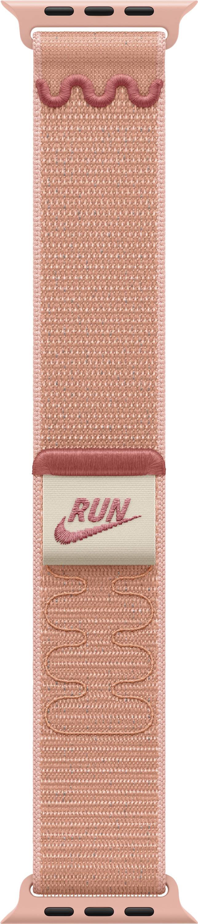 Orangefarbenes Sportarmband für eine Uhr mit der Aufschrift 'RUN' und dem Nike-Logo auf dem Riemen.