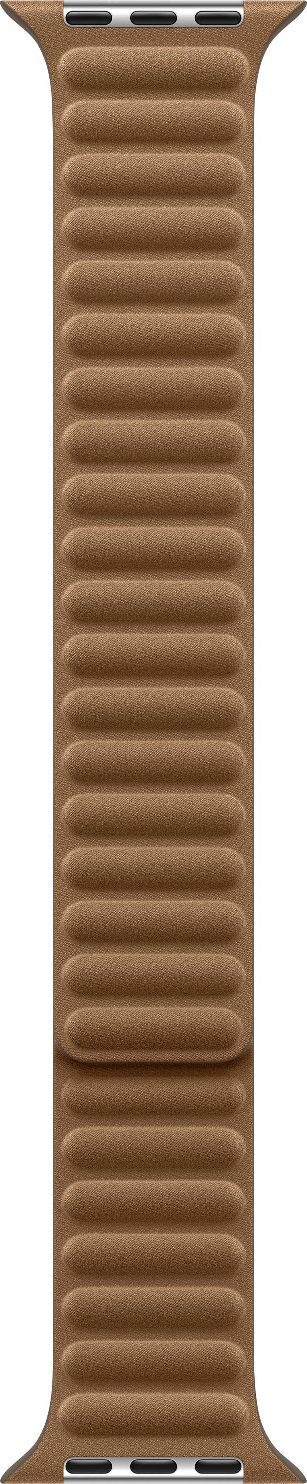Eine braune Lederarmband-Verbindung für eine Smartwatch mit strukturiertem, geripptem Muster, die entwickelt wurde, um an einer Smartwatch befestigt zu werden.