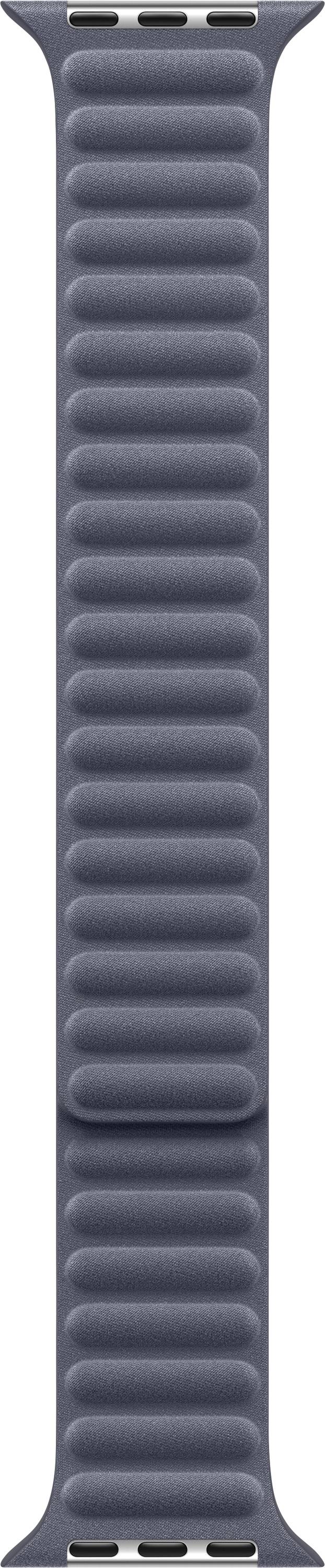 Eine dunkelgraue Uhrenarmband mit gerippter Textur, entwickelt für eine Apple Watch, vertikal gegen einen weißen Hintergrund präsentiert.