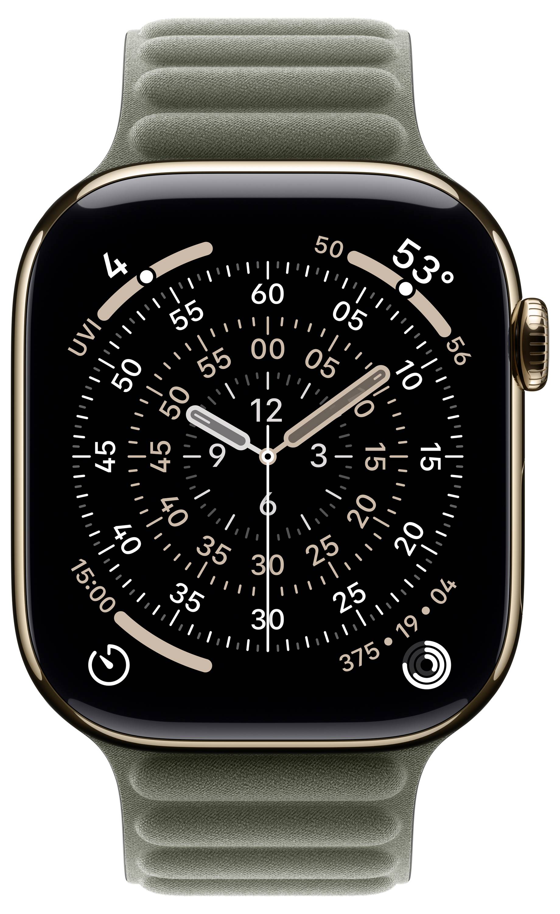 Eine Smartwatch mit mehreren Zifferblättern, die Uhrzeit, UV-Index und Aktivitätsstatistiken anzeigt, mit einem grünen Armband und einem schwarzen Hintergrund.