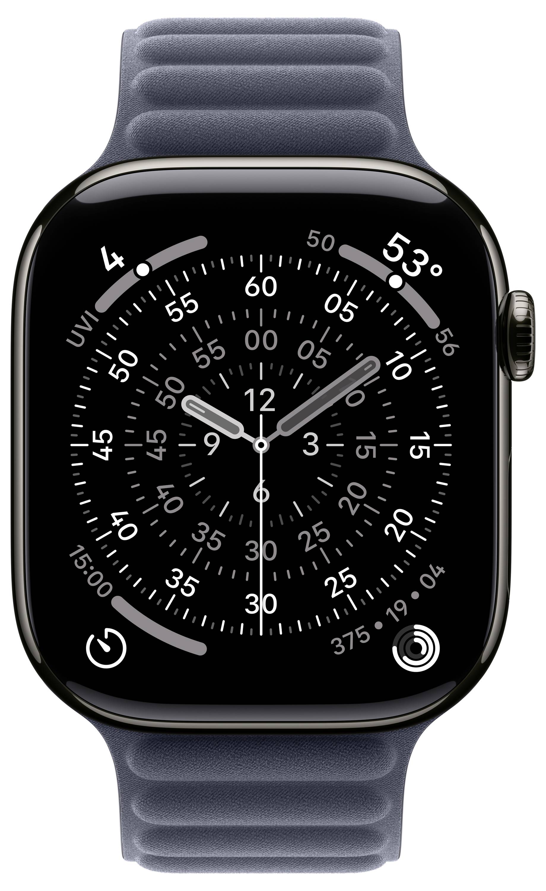 Eine Smartwatch, die ein analoges Zifferblatt mit Stunden-, Minuten- und Sekundenzeigern zeigt, umgeben von einer digitalen Anzeige von 53 Grad.