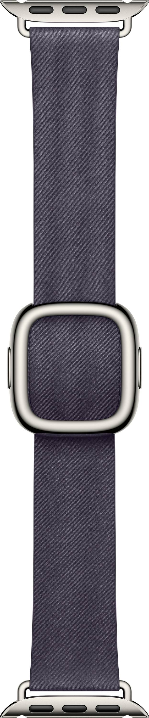 Ein dunkler Lederarmband für eine Uhr mit einer silbernen Schnalle und Befestigungspunkten, geeignet für eine Smartwatch.