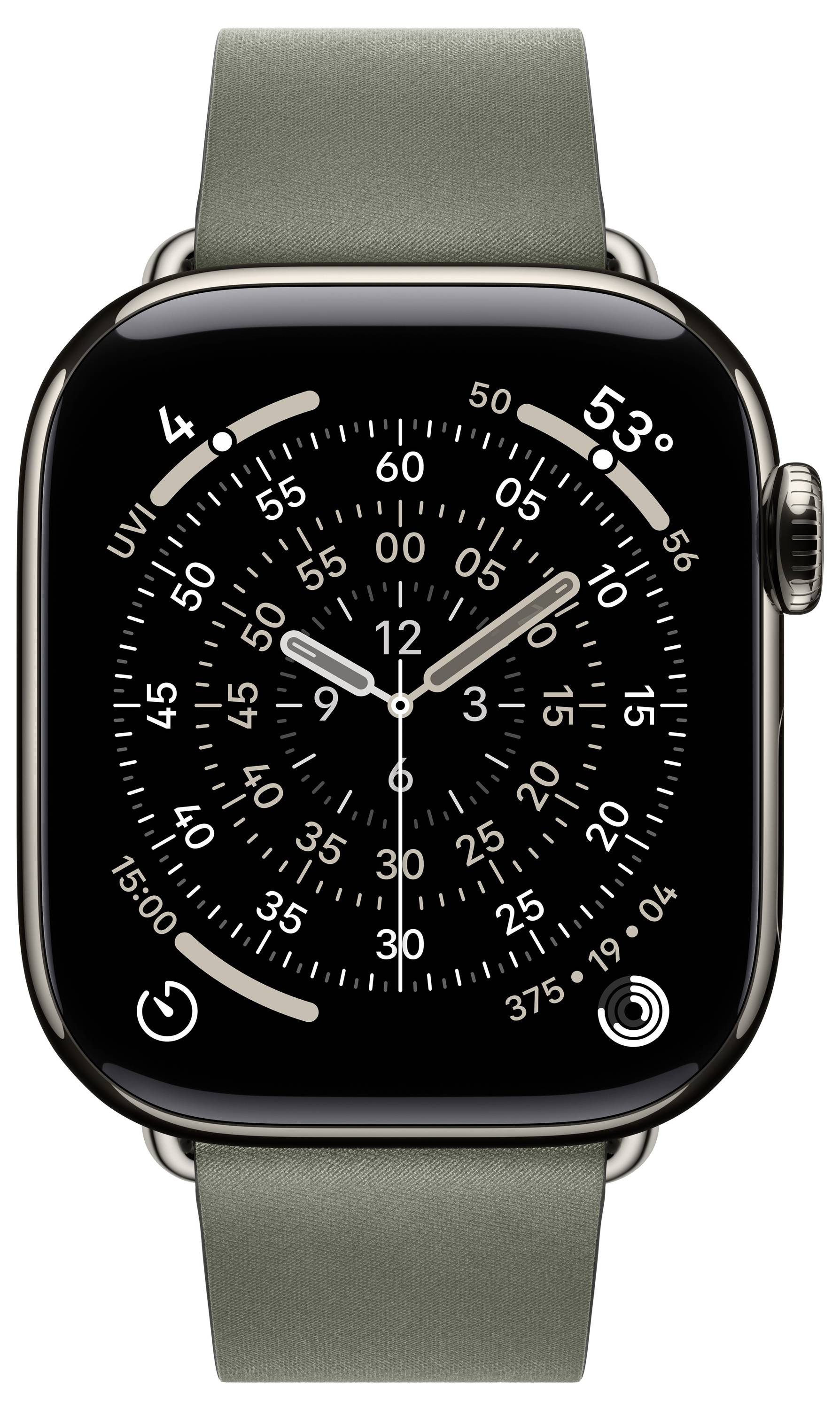 Eine Smartwatch, die ein ausgeklügeltes analoges Zifferblatt mit mehreren Wahlscheiben und Zeigerstellungen zeigt, welche die Uhrzeit und Temperatur (53°) anzeigt.