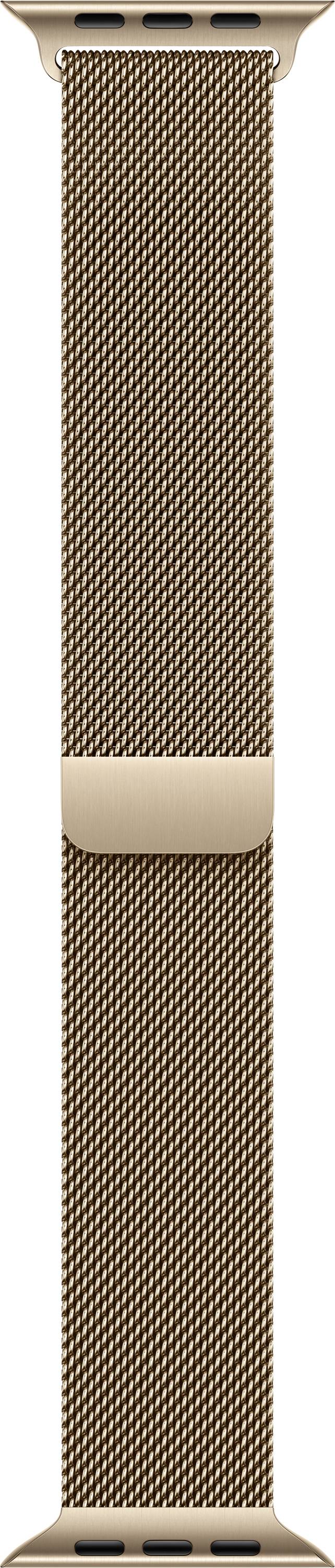Eine Nahaufnahme eines goldenen Apple Watch-Bandes mit einem eleganten, gewebten Metallgitterdesign und einem magnetischen Verschluss.