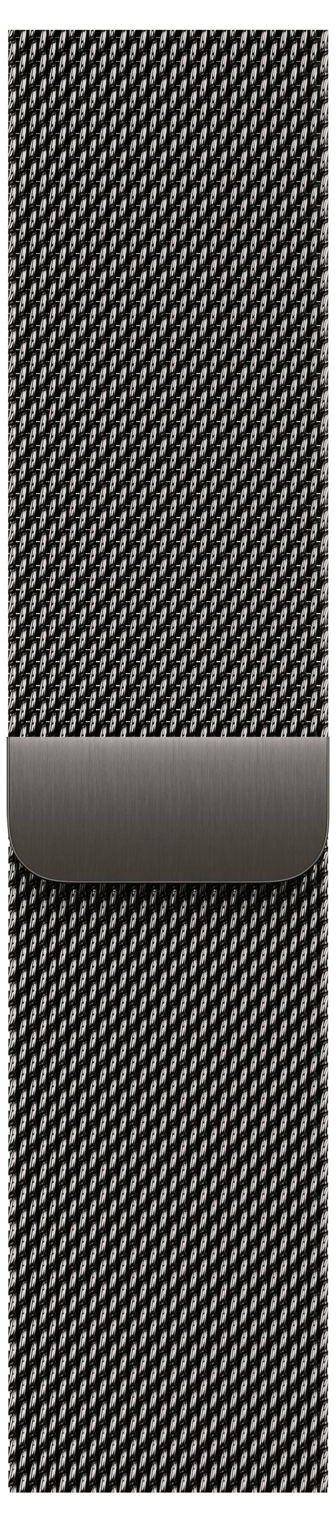 Ein schwarzes Mailänder Schlaufenarmband mit magnetischem Verschluss, das ein Edelstahl-Geflecht-Design präsentiert.