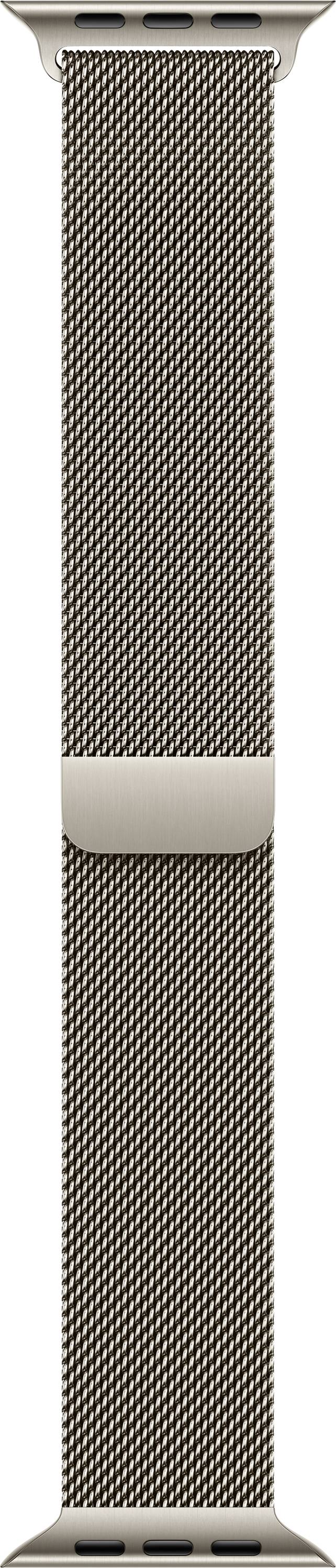 Eine Nahaufnahme eines braunen texturierten Uhrenarmbands, vertikal dargestellt, die das gewebte Muster und die Metallverbinder an jedem Ende hervorhebt.
