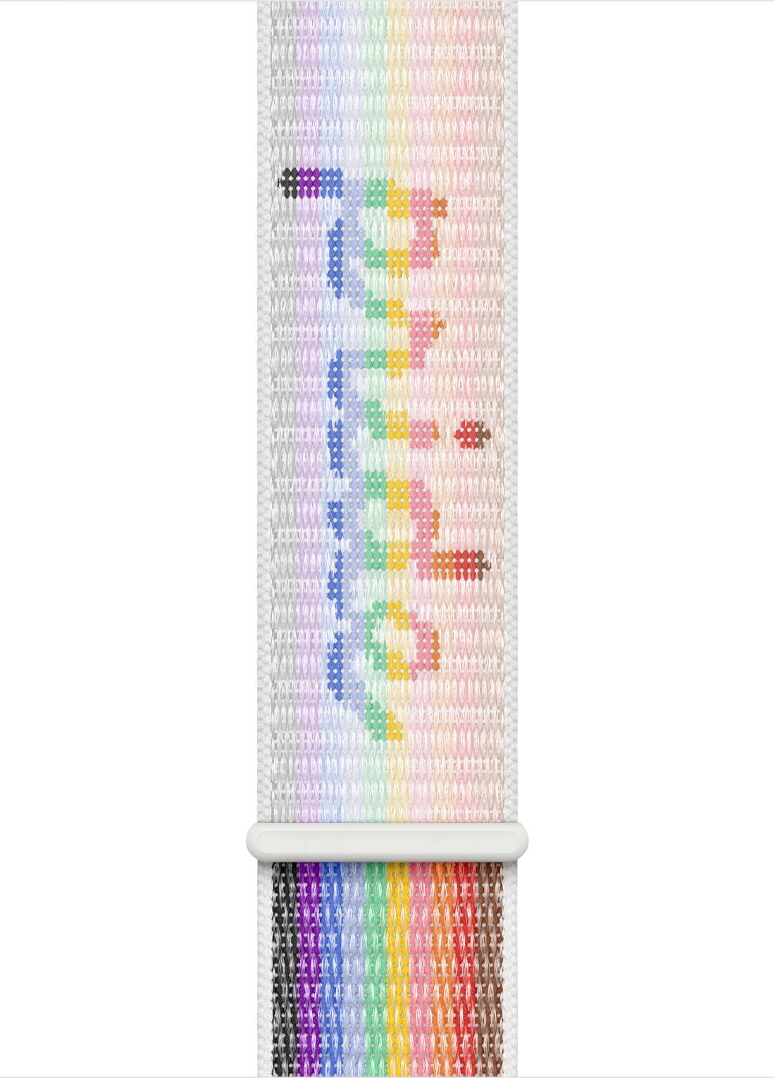 Nahaufnahme eines weißen geflochtenen Uhrenarmband mit mehrfarbigem Regenbogenmuster und silberner Schließe, zentriert auf einem einfachen weißen Hintergrund.