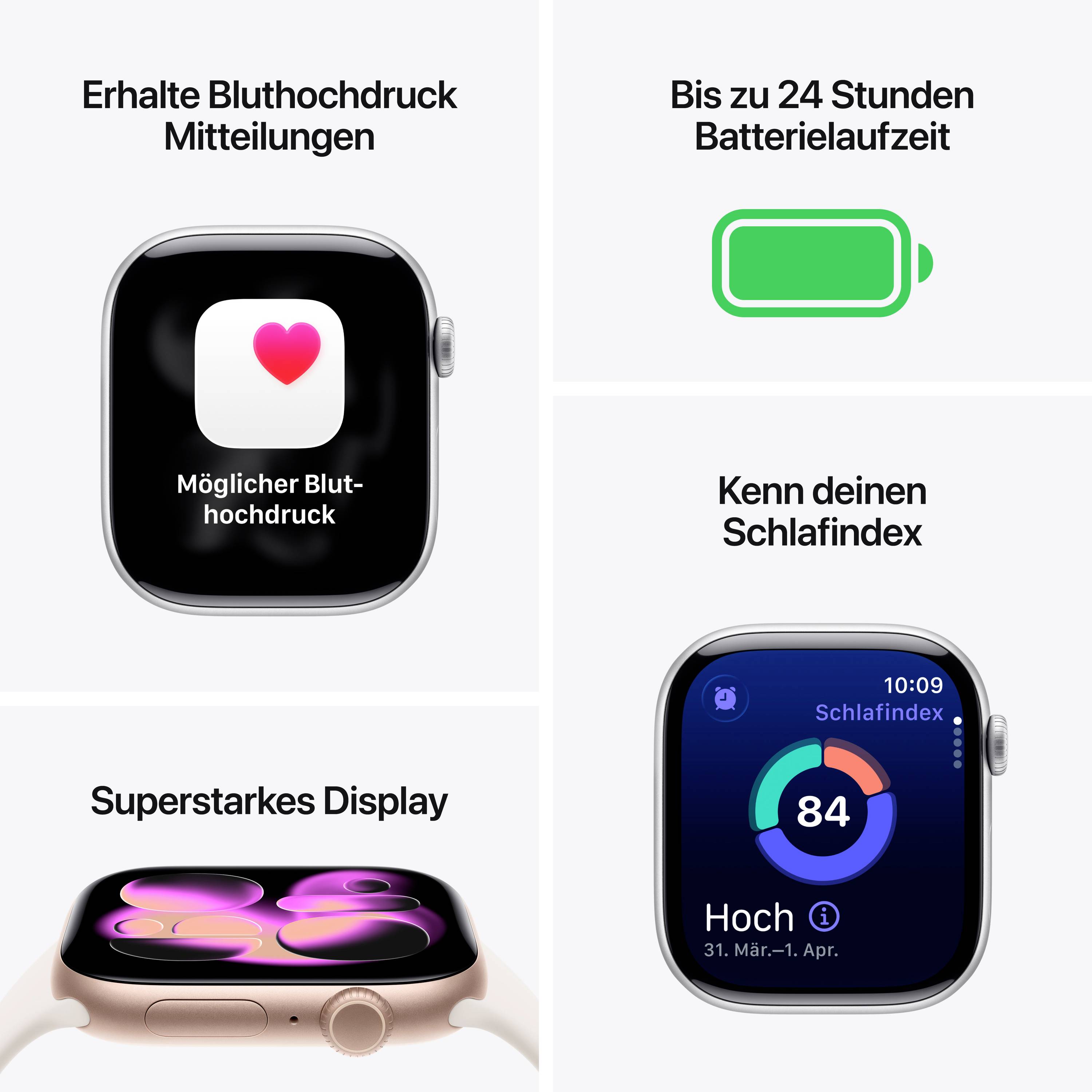 'Erlange Benachrichtigungen bei hohem Blutdruck', 'Superstarkes Display', 'Bis zu 24 Stunden Batterielaufzeit', 'Kenn deinen Schlafindex'.
