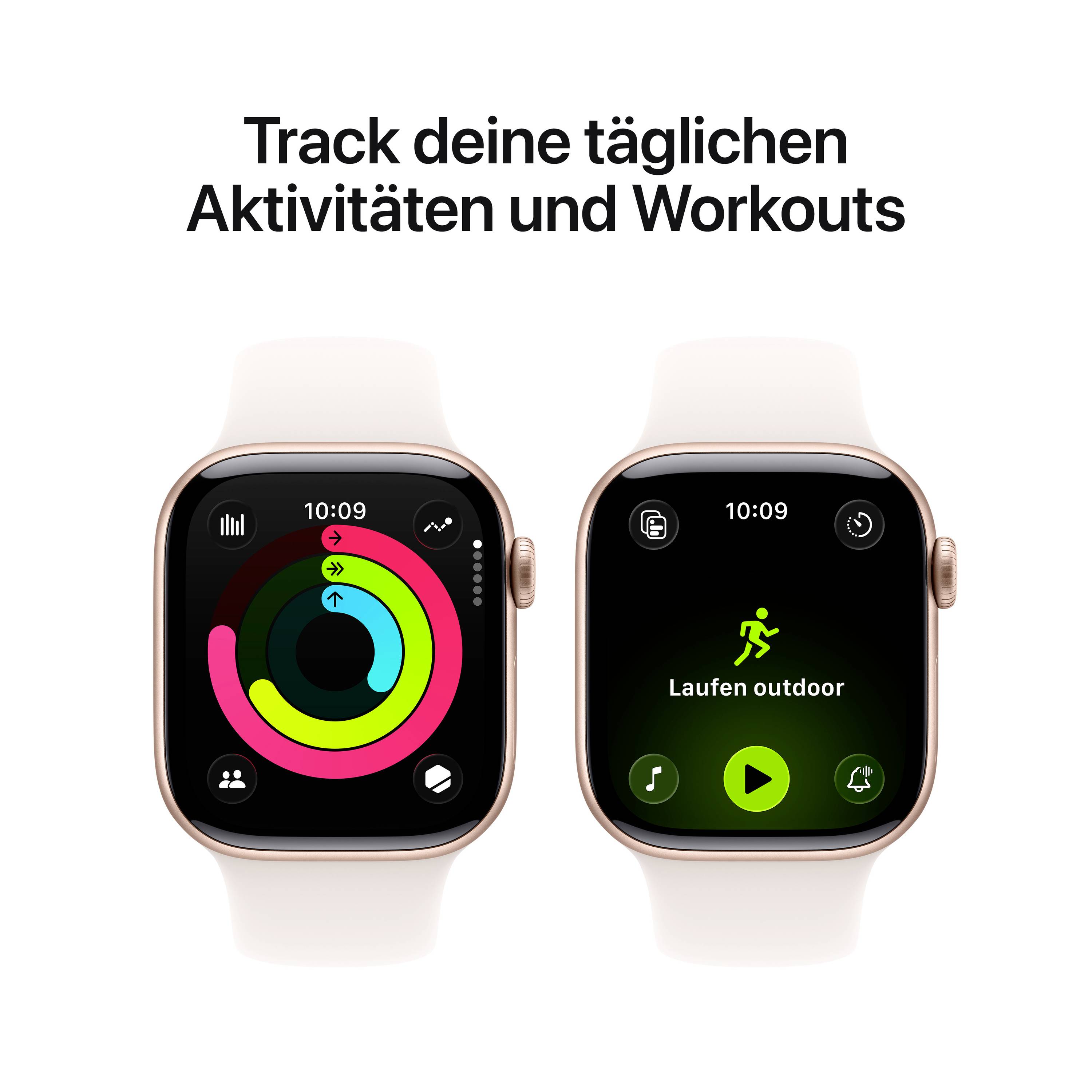 Zwei Smartwatches, die tägliche Aktivitäten und Workouts zeigen. Links: Aktivitätsringe. Rechts: Laufmodus mit Icon.