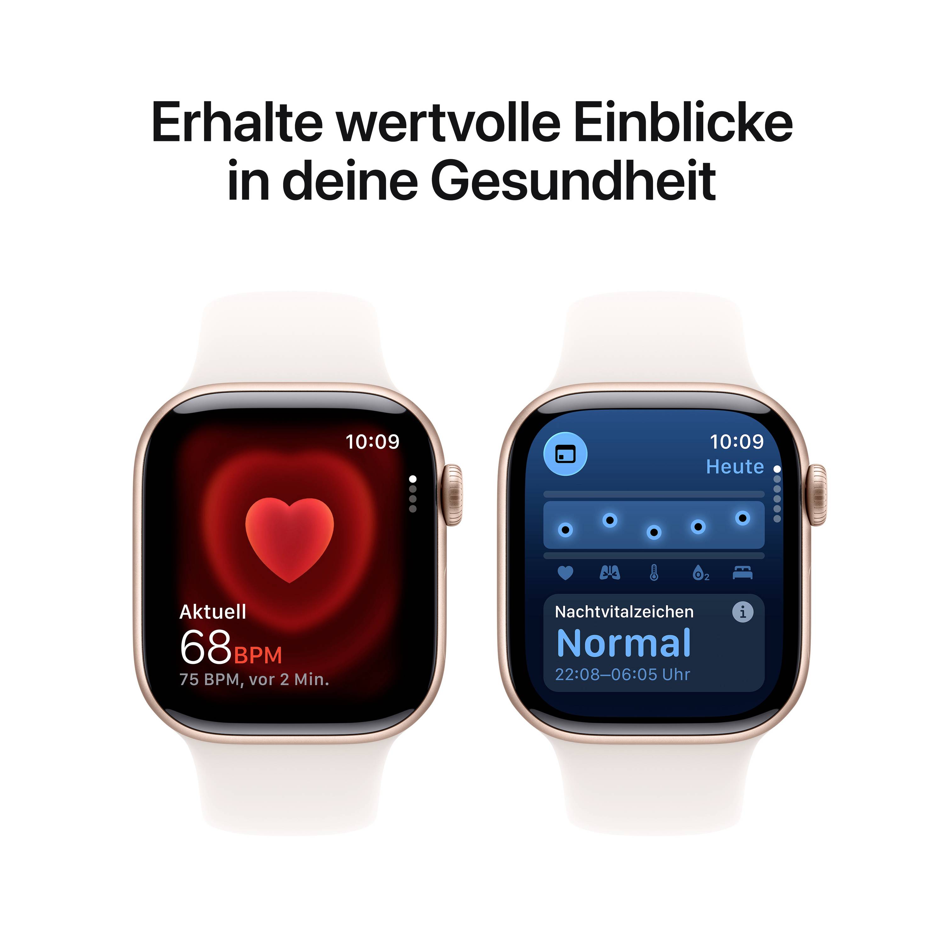 Zwei Smartwatch-Bildschirme zeigen Gesundheitsdaten: Herzfrequenz 75 BPM und Schlafqualität 'Normal'. Text oben: 'Erhalte wertvolle Einblicke in deine Gesundheit'.