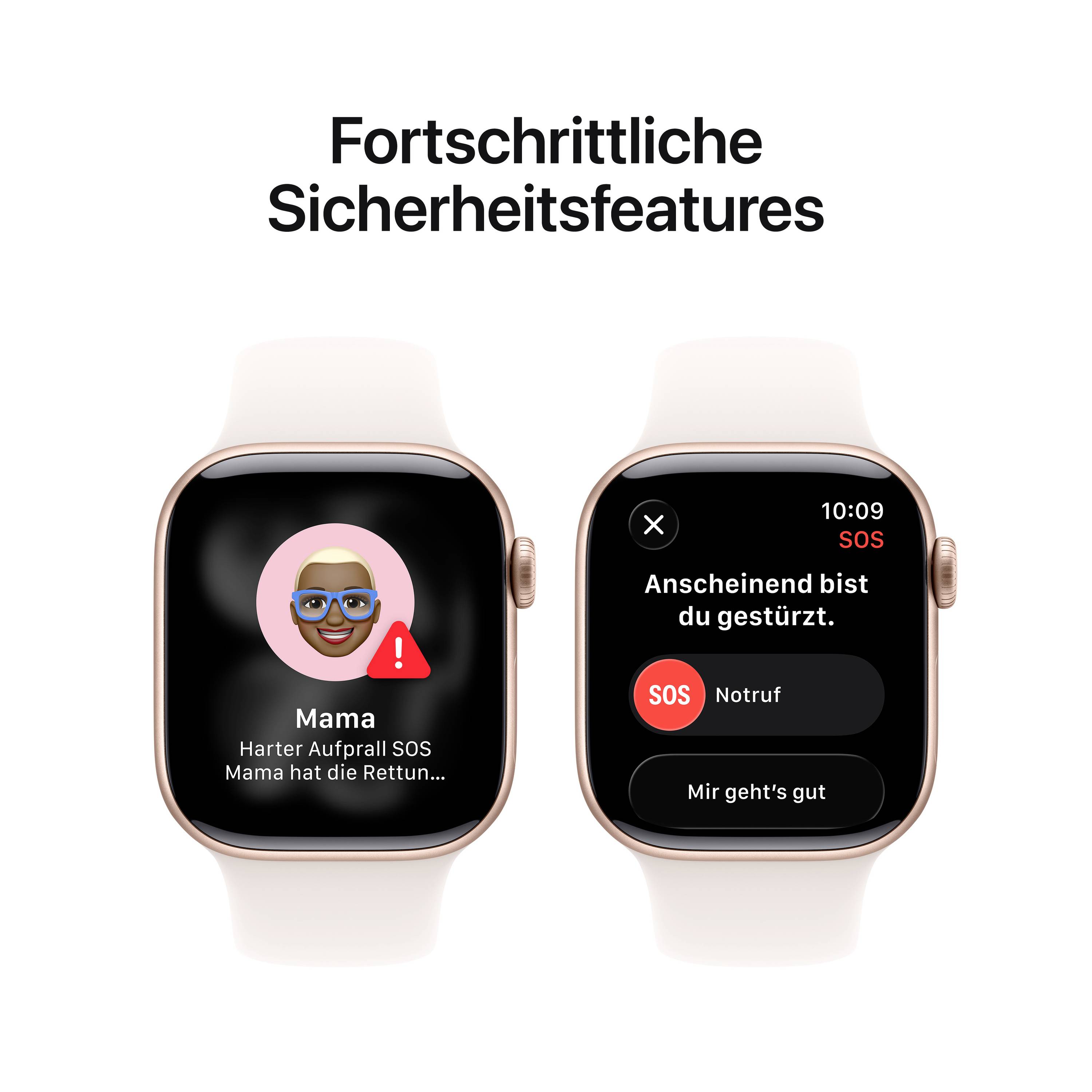 Zwei Smartwatch-Bildschirme zeigen Sicherheitsmeldungen: Links eine Kontaktwarnung, rechts 'Anscheinend bist du gestürzt' mit Notrufoptionen.