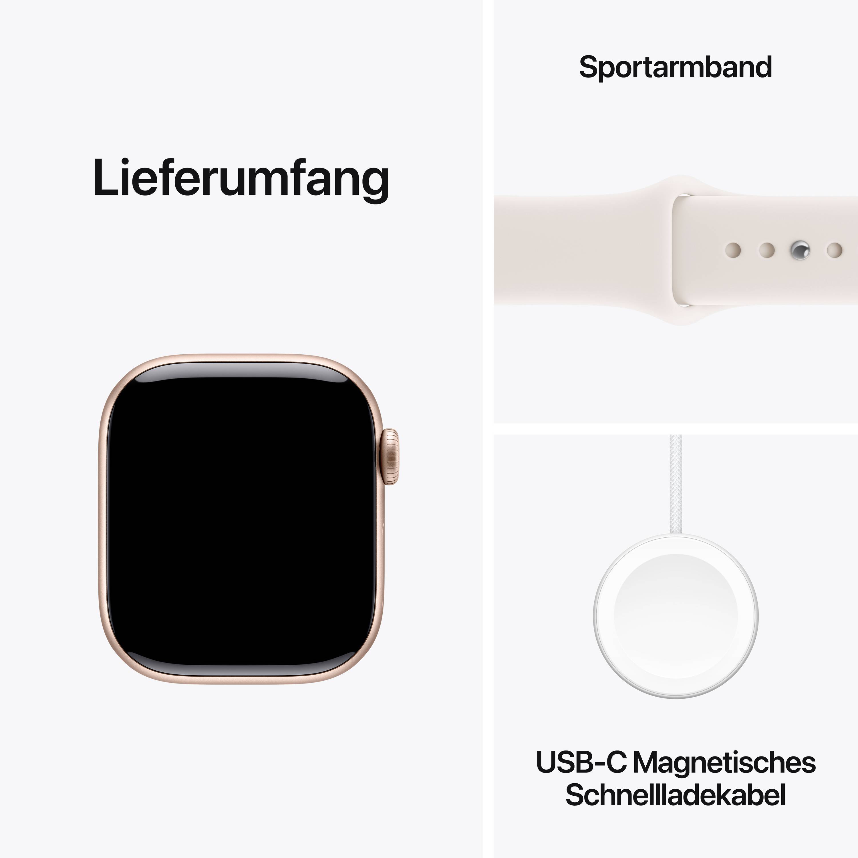 Lieferumfang einer Smartwatch: Ein Sportarmband, eine Smartwatch mit roségoldenem Rand und ein USB-C Magnetladekabel.