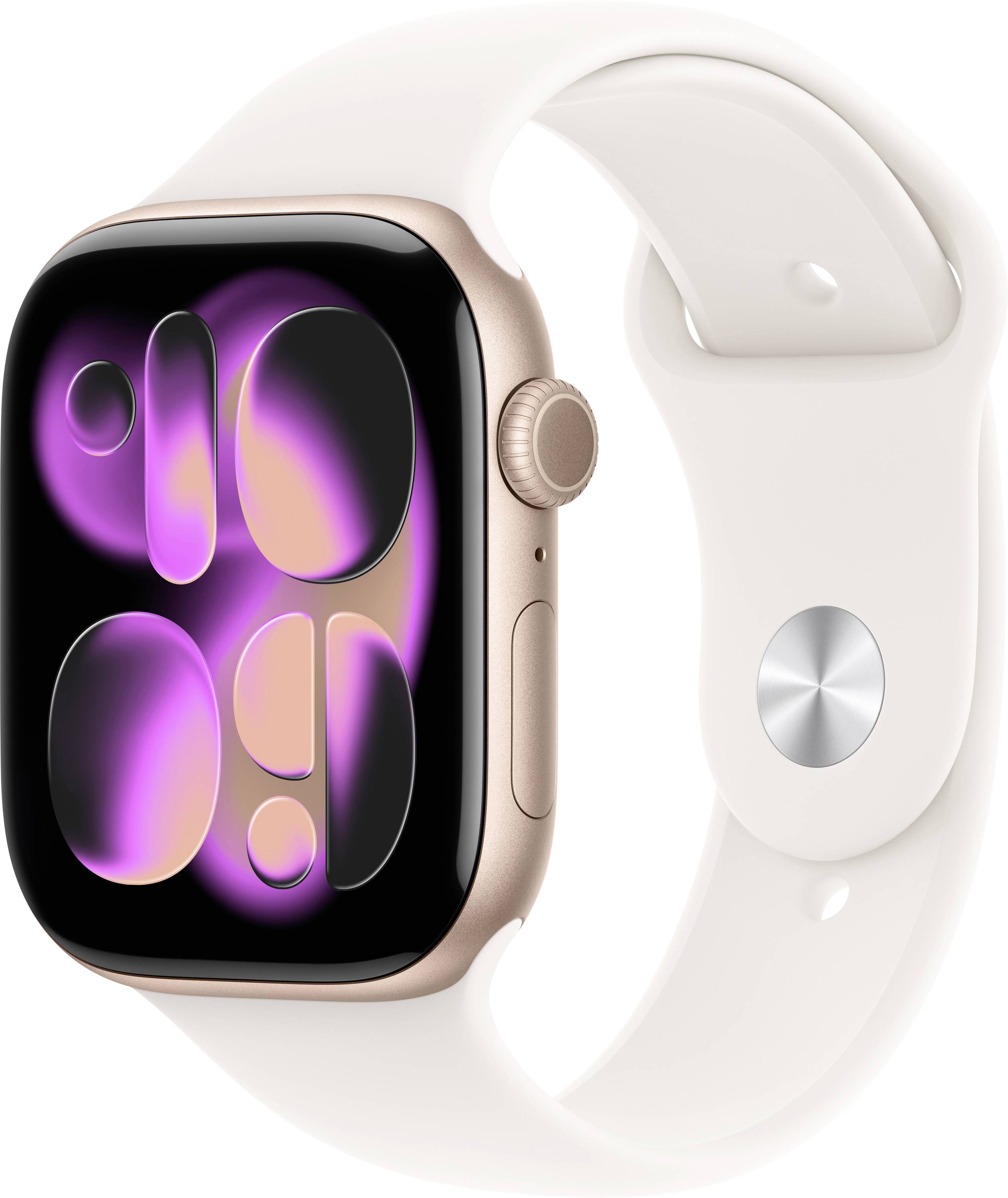 Eine Smartwatch mit einem weißen Armband, die auf dem Bildschirm eine farbenfrohe, abstrakte digitale Anzeige zeigt.