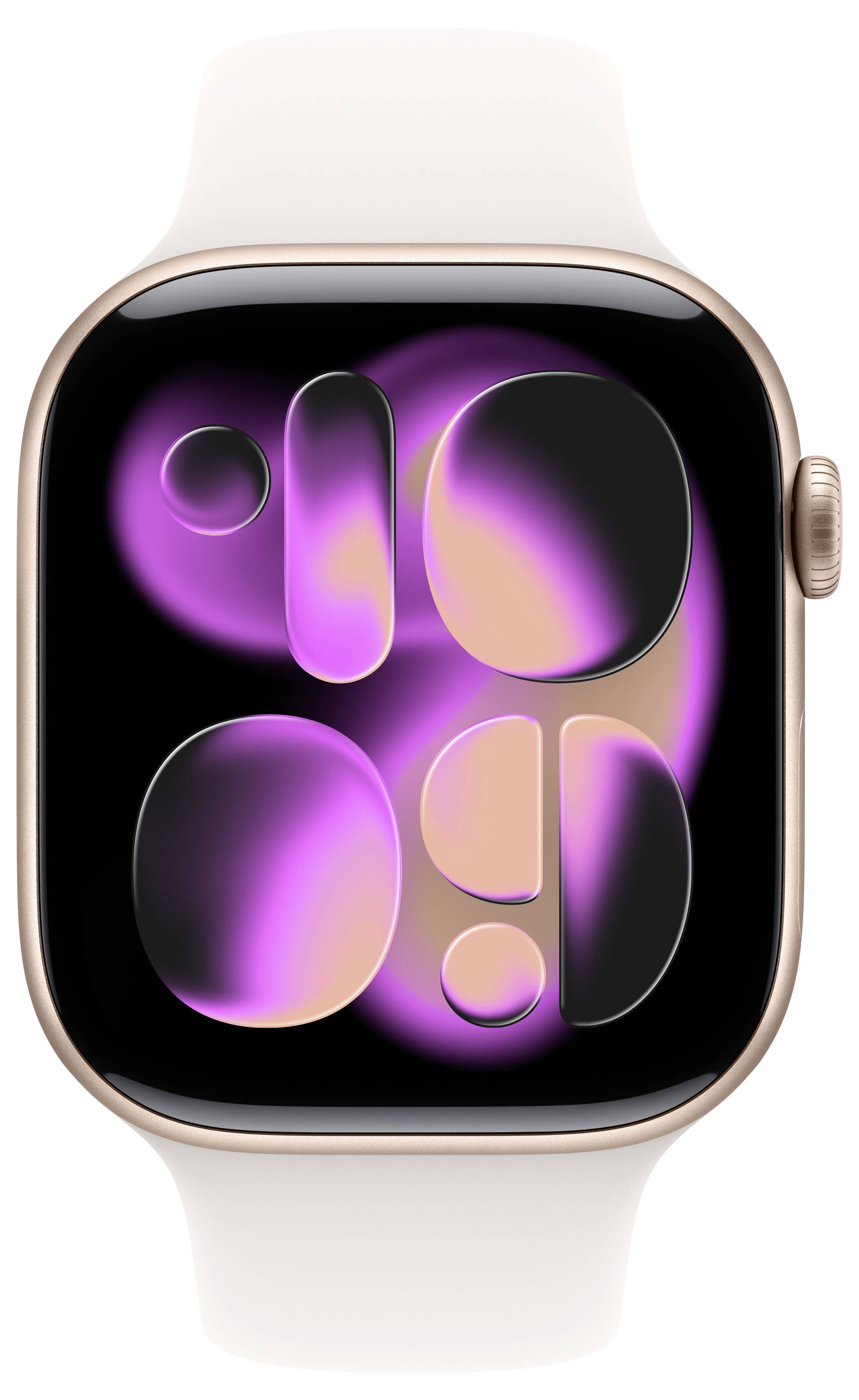 Eine Smartwatch mit einer rosa und lila abstrakten digitalen Anzeige auf dem Bildschirm. Die Uhr hat einen goldenen Rahmen und ein weißes Armband.