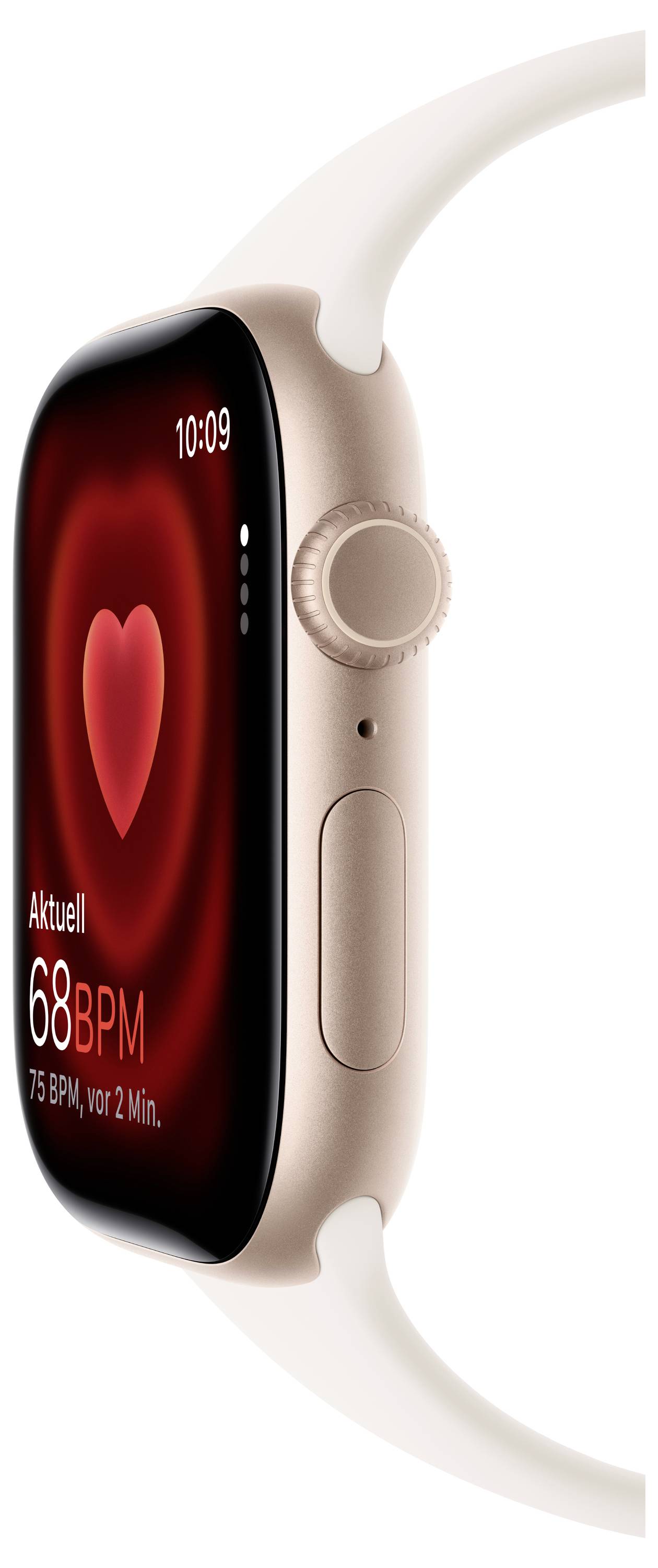 Eine Smartwatch mit einem weißen Armband zeigt eine Herzfrequenz von 68 bpm und die Zeit 10:09 an. Der Bildschirm enthält ein Herzicon und den Text 'Aktuell'.