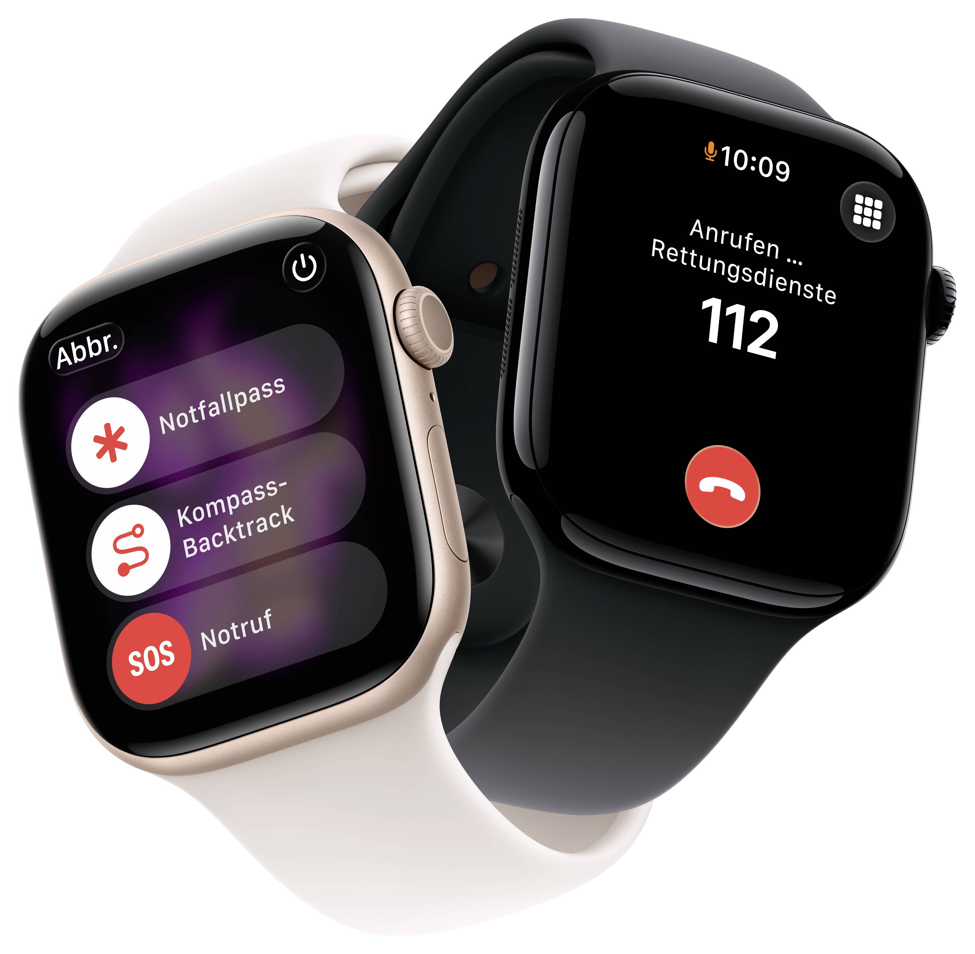 Zwei Smartwatches zeigen Notfallfunktionen. Die linke Uhr zeigt 'Notfallpass', 'Kompass-Backtrack' und 'Notruf'. Die rechte Uhr wählt '112'.
