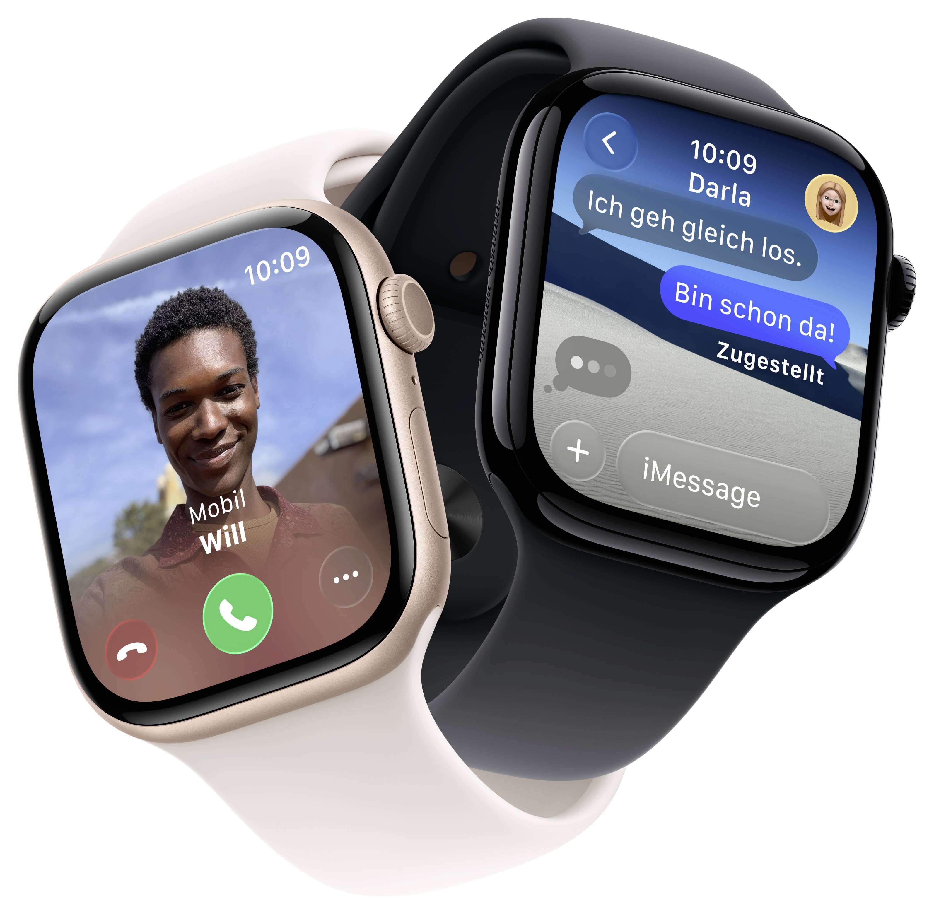 Zwei Smartwatches, die Apps anzeigen; links wird ein eingehender Anruf von 'Will' und rechts ein iMessage-Gespräch in deutscher Sprache dargestellt.