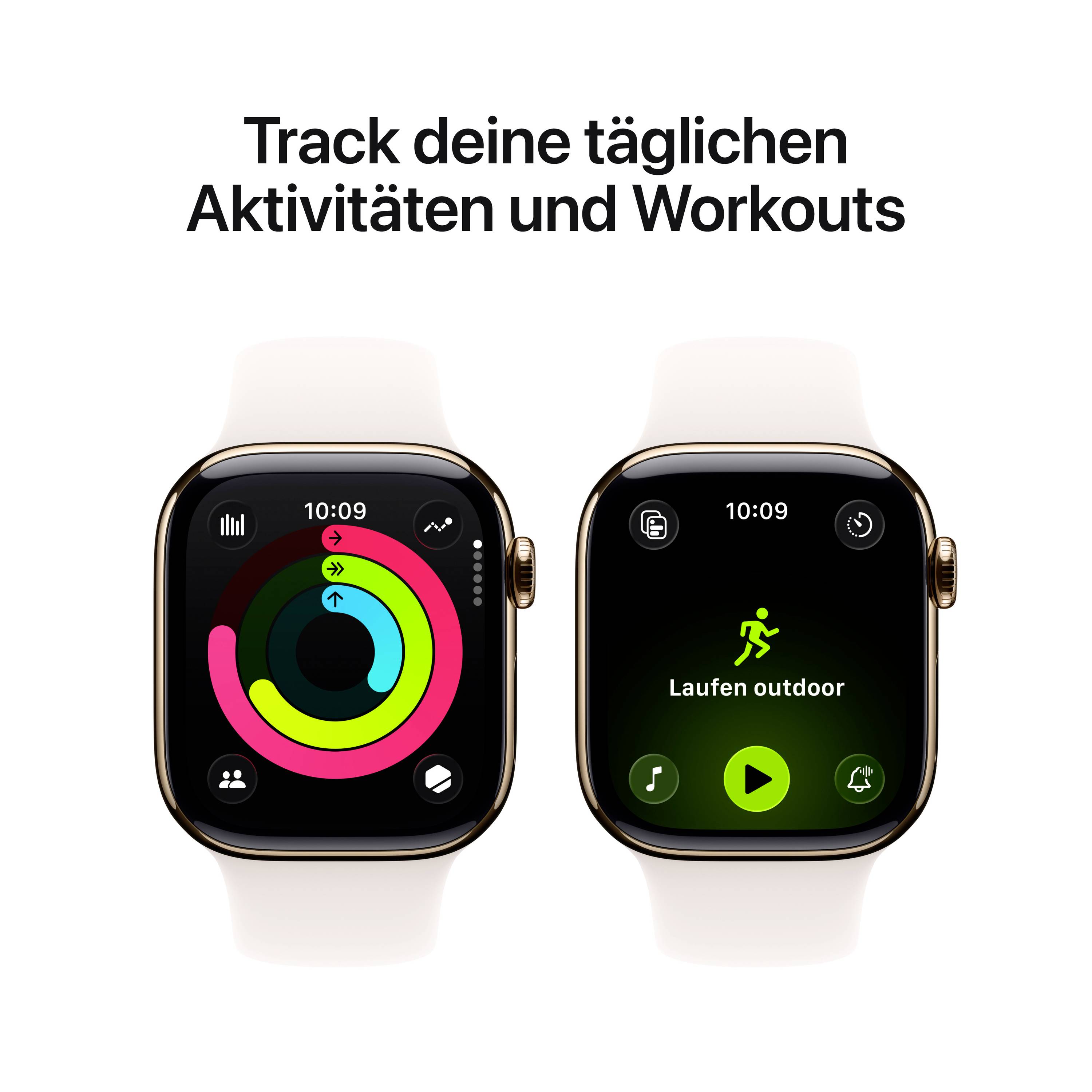 Zwei Smartwatch-Bildschirme: links ein Aktivitätskreis, rechts 'Laufen outdoor', oben der Text 'Track deine täglichen Aktivitäten und Workouts'.