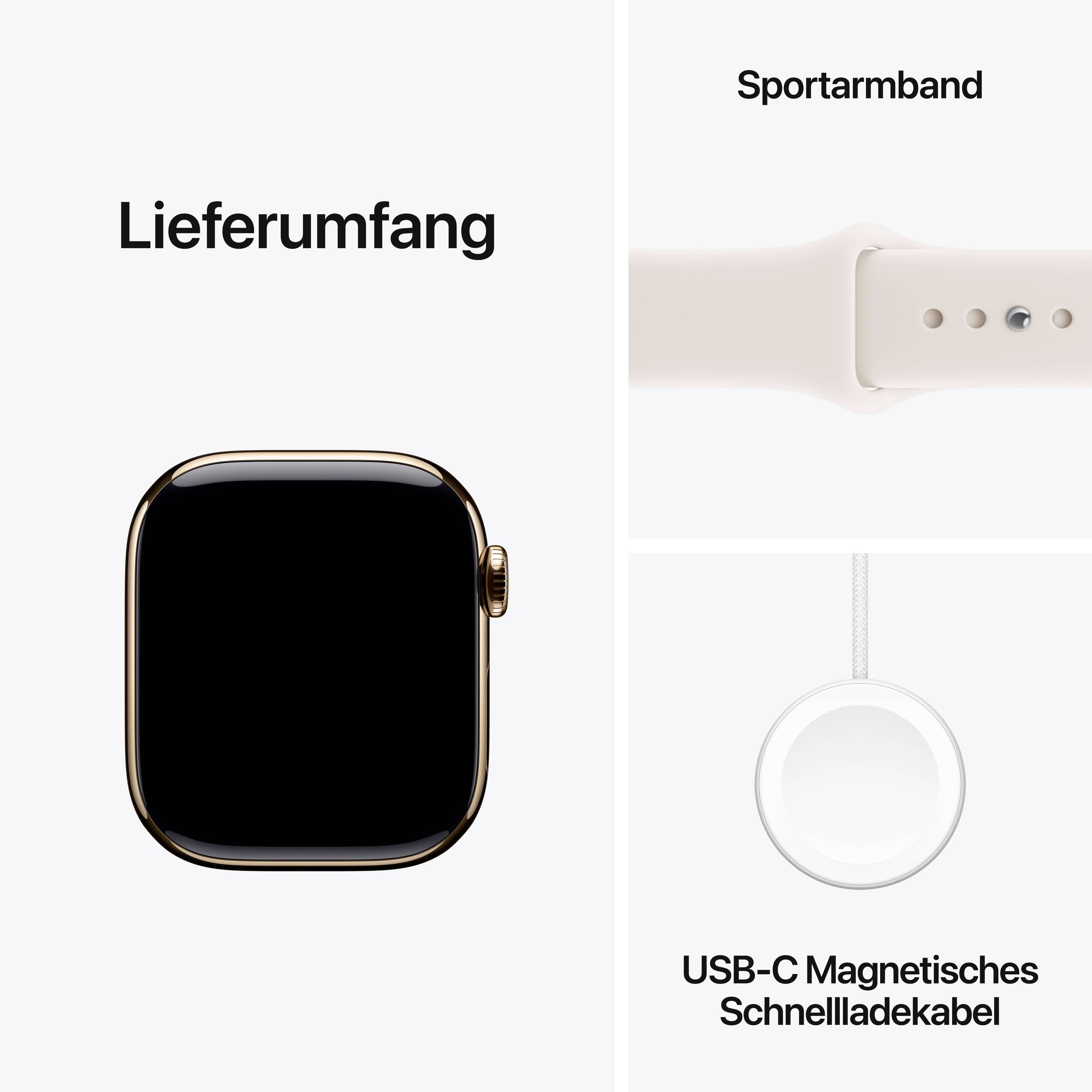 'Lieferumfang': Bild zeigt eine Smartwatch und Zubehör. Detailansicht eines Sportarmbands und eines USB-C Magnetladekabels.