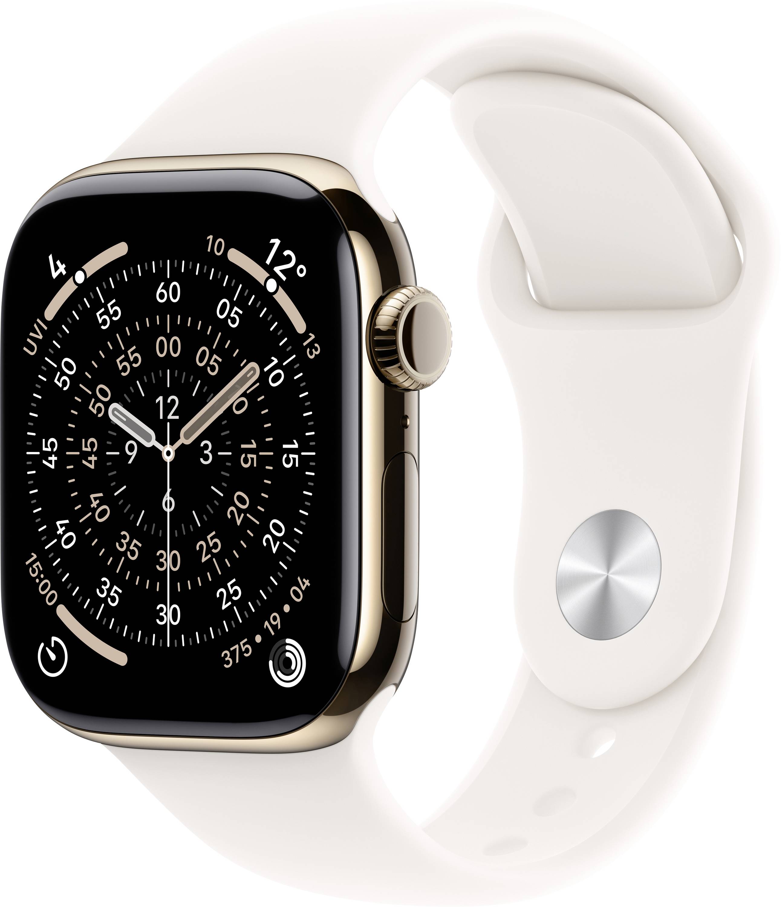 Eine digitale Uhr mit einem runden numerischen Zifferblatt auf dem Display, weißem Armband und goldener Gehäuse, die eine kompassartige Zeitanzeige präsentiert.