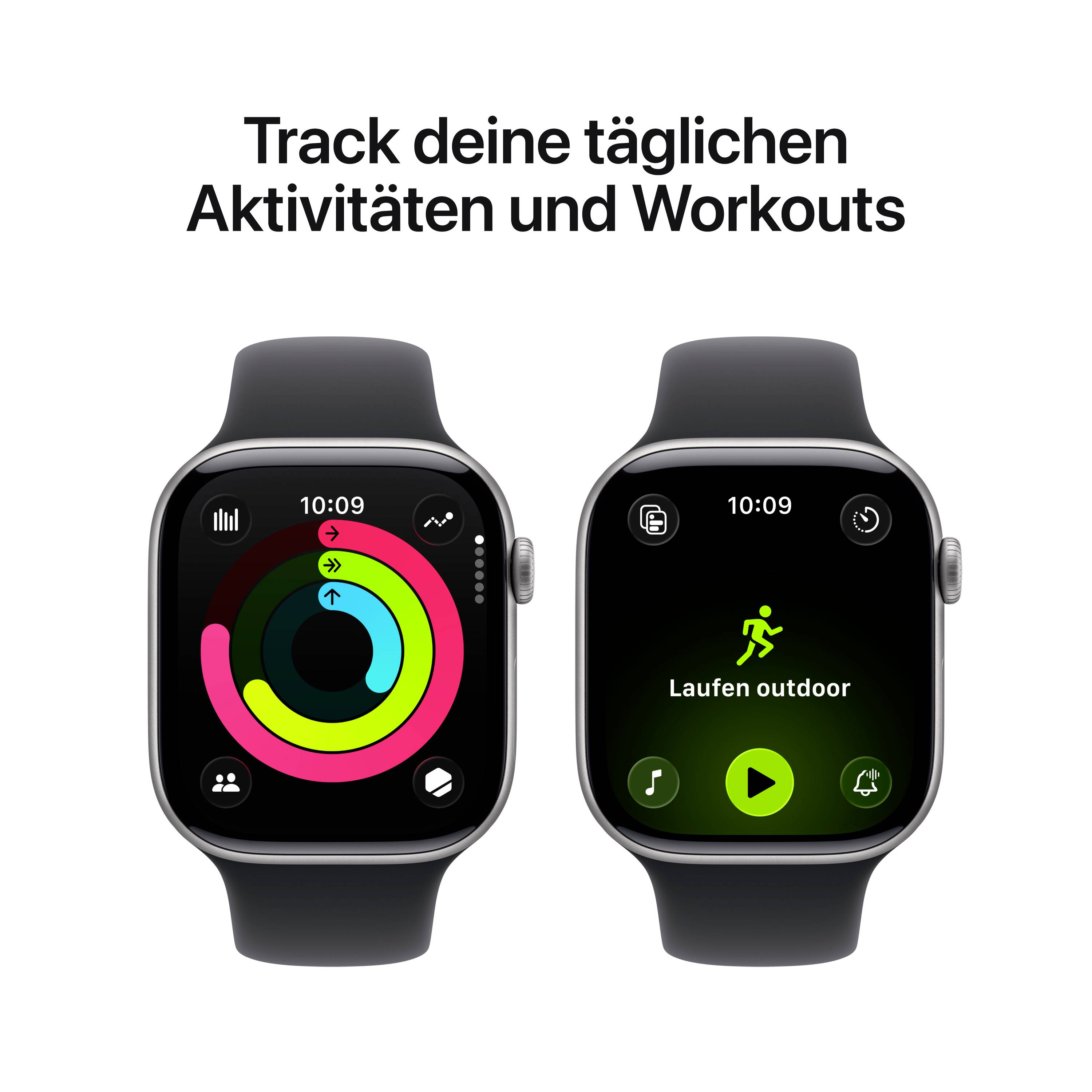 Zwei Smartwatch-Bildschirme: Links Aktivitätsringe, rechts 'Laufen outdoor'-Anzeige. Text oben: 'Track deine täglichen Aktivitäten und Workouts'.