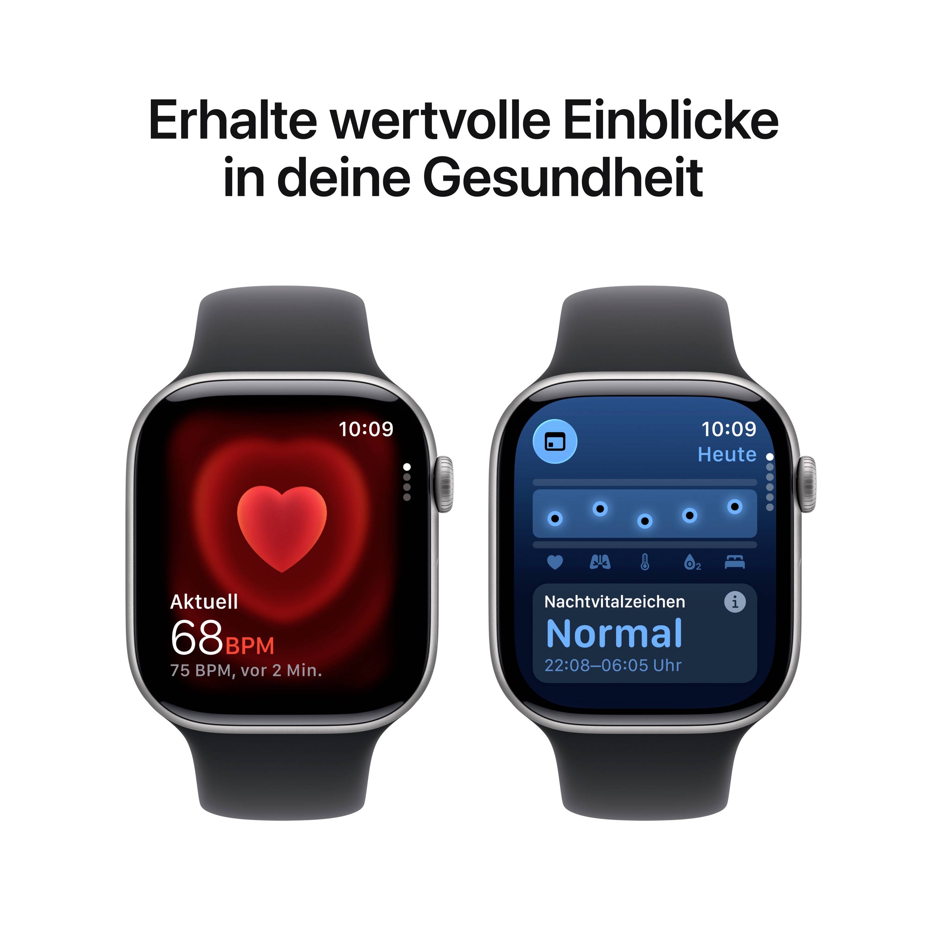 Zwei Smartwatch-Displays mit Gesundheitsinformationen: Links Pulsanzeige, 68 BPM. Rechts normale Nachtvitaldaten. Text oben: 'Erhalte wertvolle Einblicke in deine Gesundheit'.