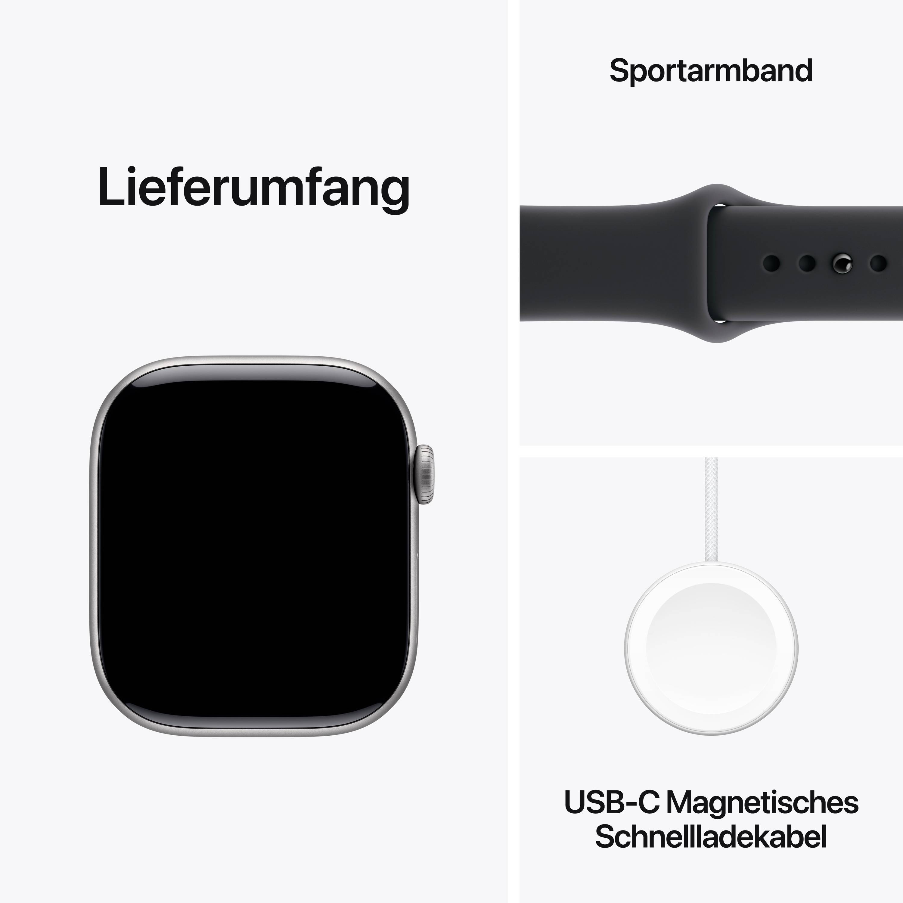 'Lieferumfang': Eine Smartwatch mit schwarzem Sportarmband und ein USB-C Magnetisches Schnellladekabel.